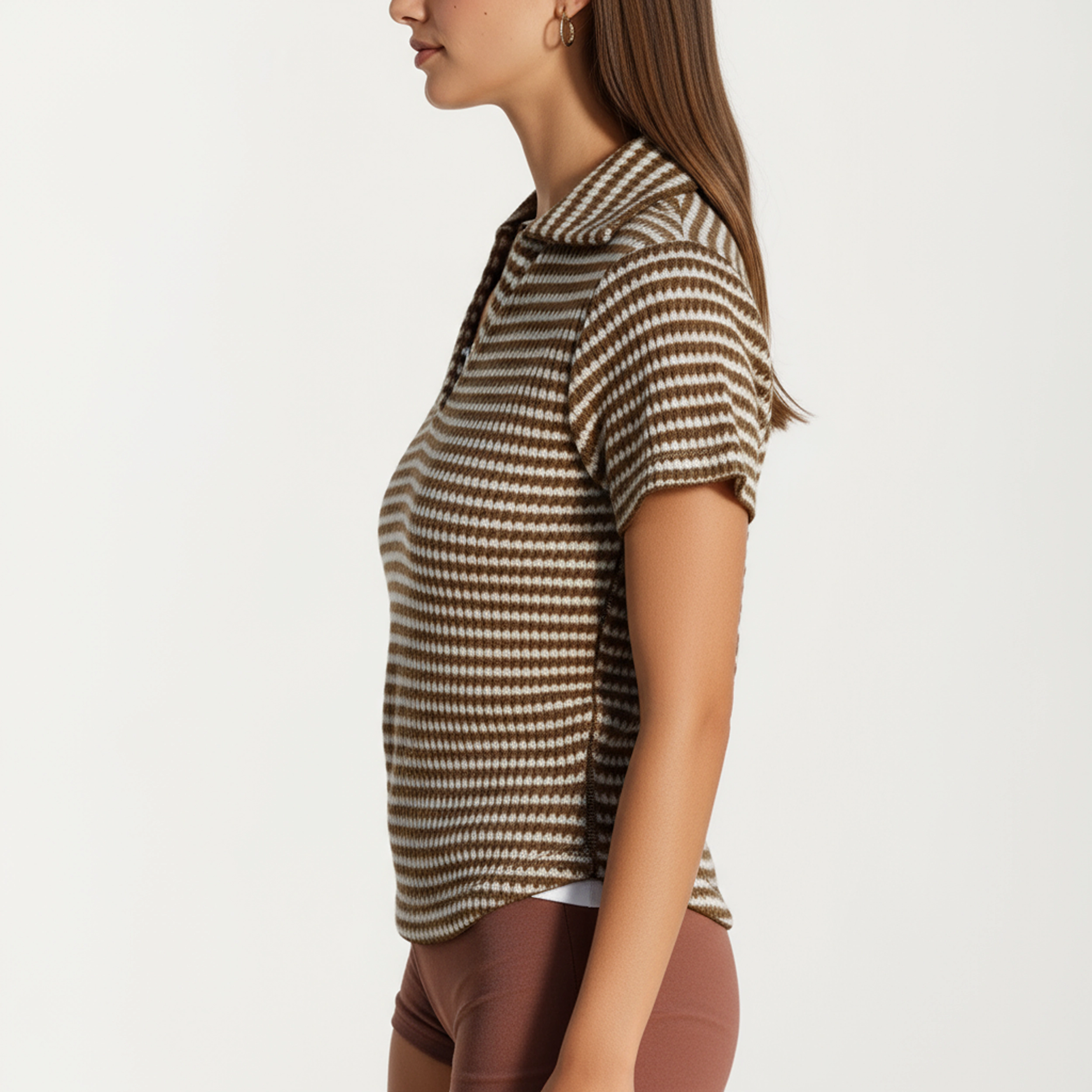 Anna-Kaci Women's Striped V-Neck Collared Short Sleeve Knit Top