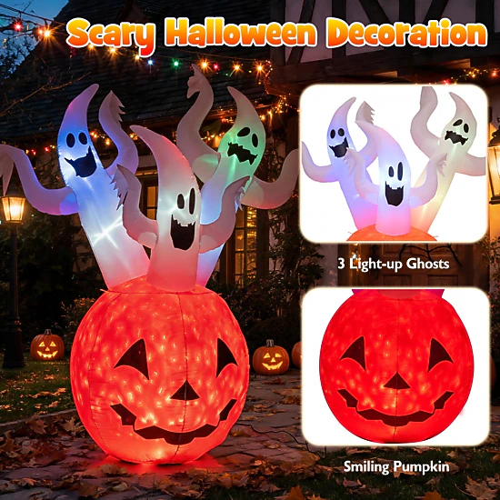 SUGIFT 6-ft Inflatable Ghost Pumpkin Halloween Decoration with Colorful ...