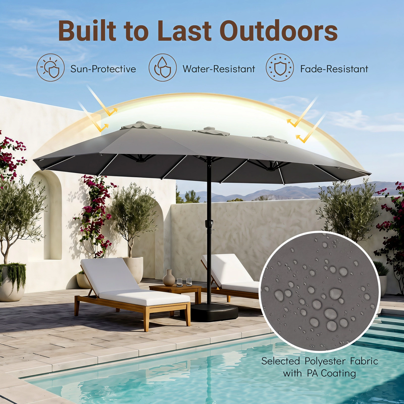 SUGIFT 15.5-ft Gray Extra-Large Rectangular Patio Umbrella with 144 Solar LED Lights