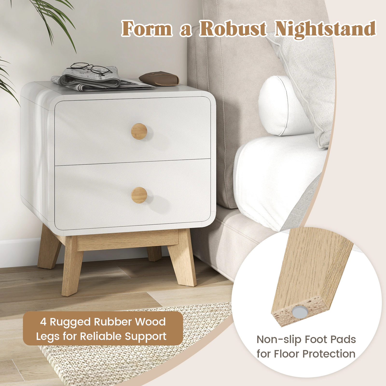 SUGIFT 2-Drawer Nightstand with Solid Rubber Wood Legs 110-lb Tabletop Capacity Brown/White