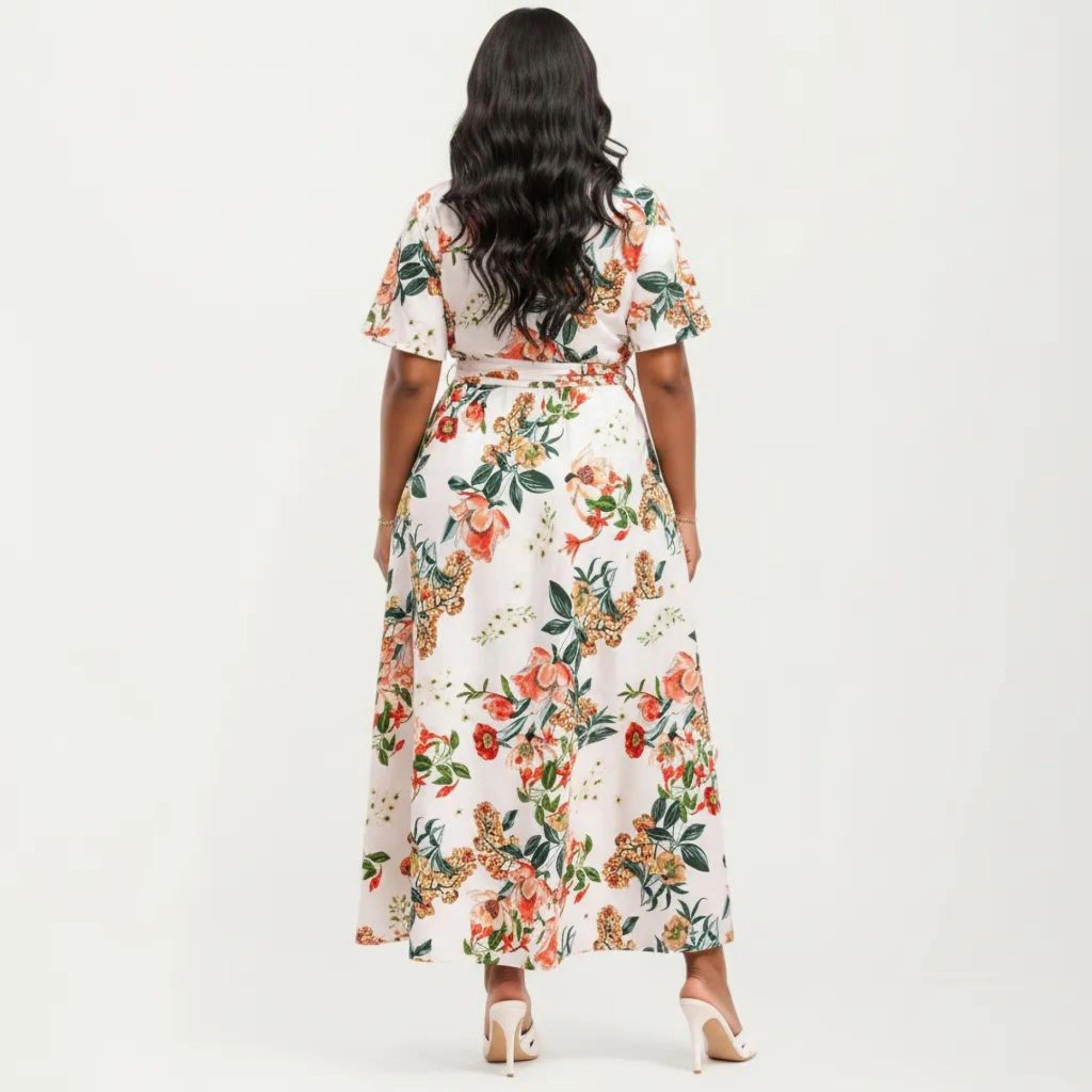 Anna-Kaci Women's Short Sleeve V Neck Floral Print Waist Tie Flowy A Line Long Maxi Dress