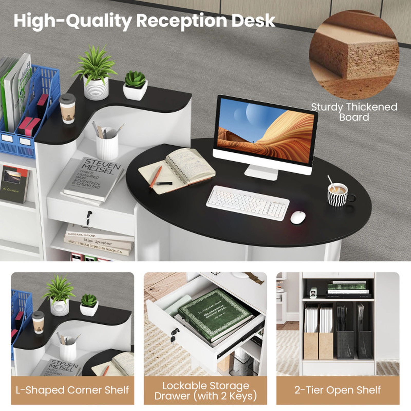 SUGIFT 54-Inch Black Reception Desk with Oval Counter, Lockable Drawer and Corner Shelf