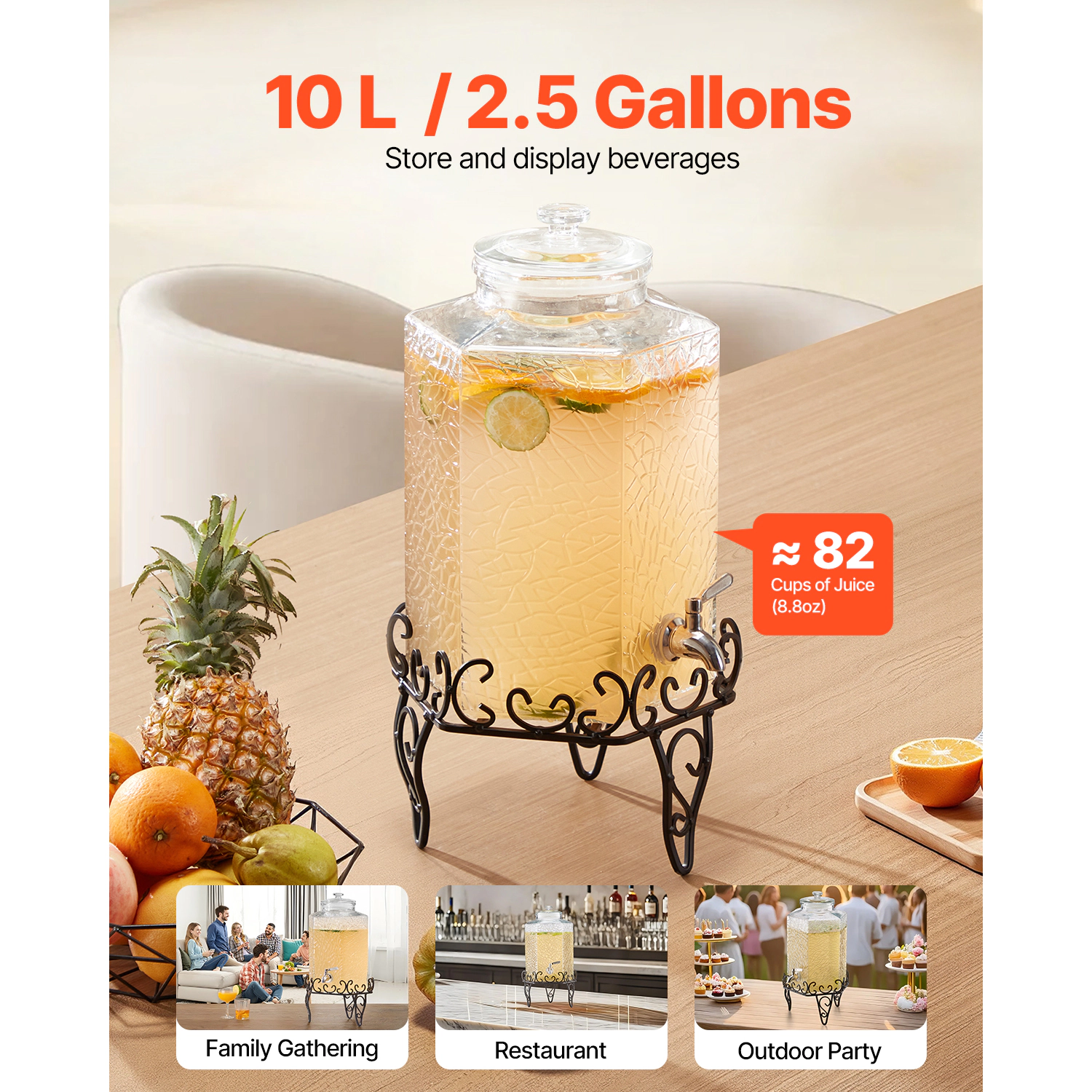 HONGGE Beverage Dispenser Drink Dispensers for Parties Glass Juice Dispenser with Metal Stand Stainless Steel Spigot