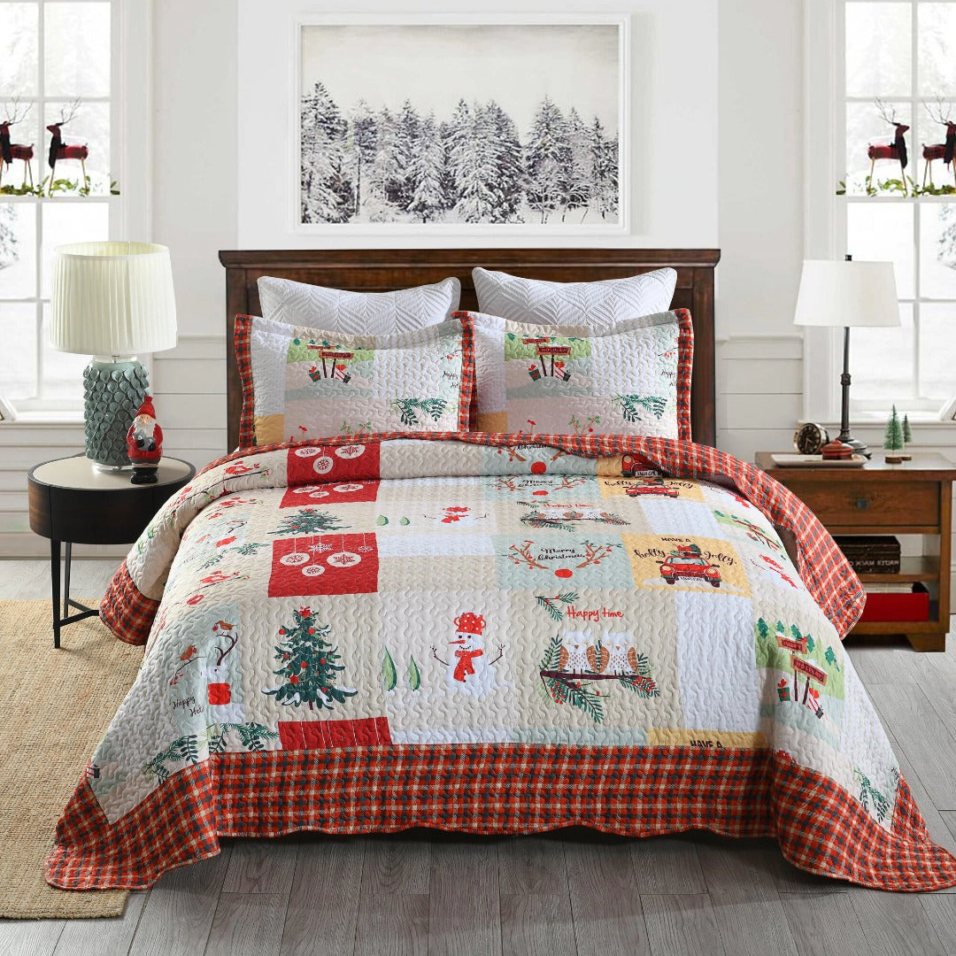 MarCielo 3 Piece Christmas Patchwork Quilt Bedspread Set Lightweight Holiday Bedding Set