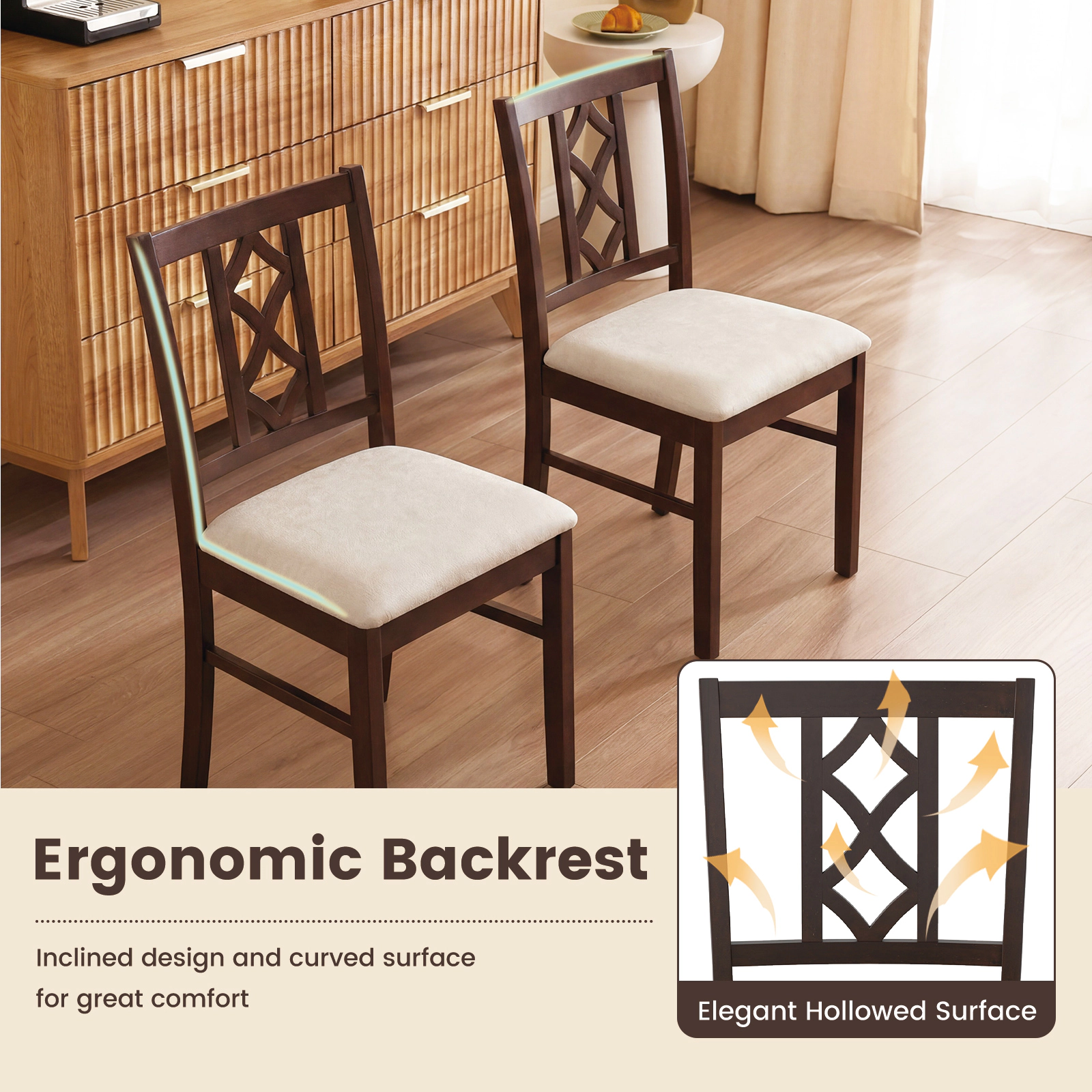 SUGIFT Set of 2 Rubber Wood Dining Chairs with Hollowed Backrest 330-lb Capacity 19-in Seat Height Walnut