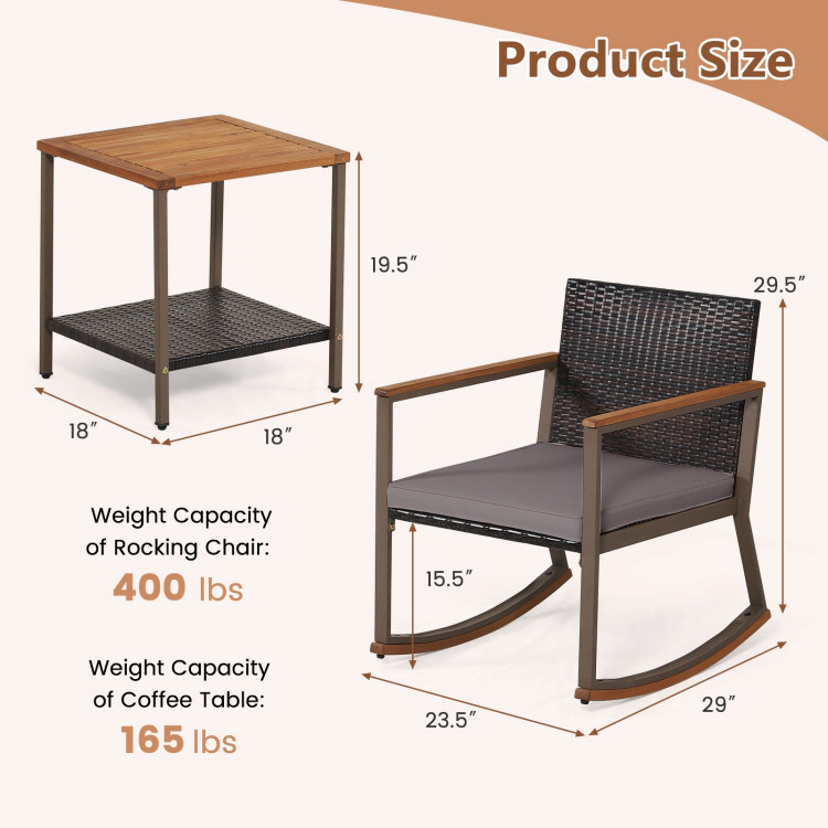 Hivvago 3 Pieces Rattan Rocking Bistro Set With Coffee Table And Cushions
