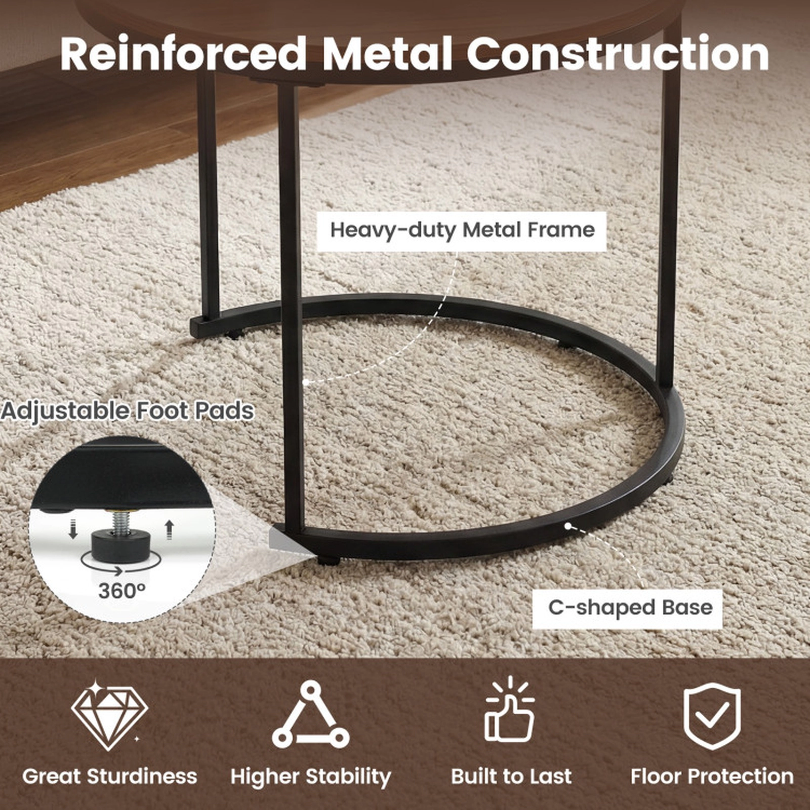 SUGIFT Set of 2 Round Nesting MDF Top Steel Frame Coffee Tables 24-in Dia x 20-in H 16-in Dia x 16.5-in H Rustic Brown