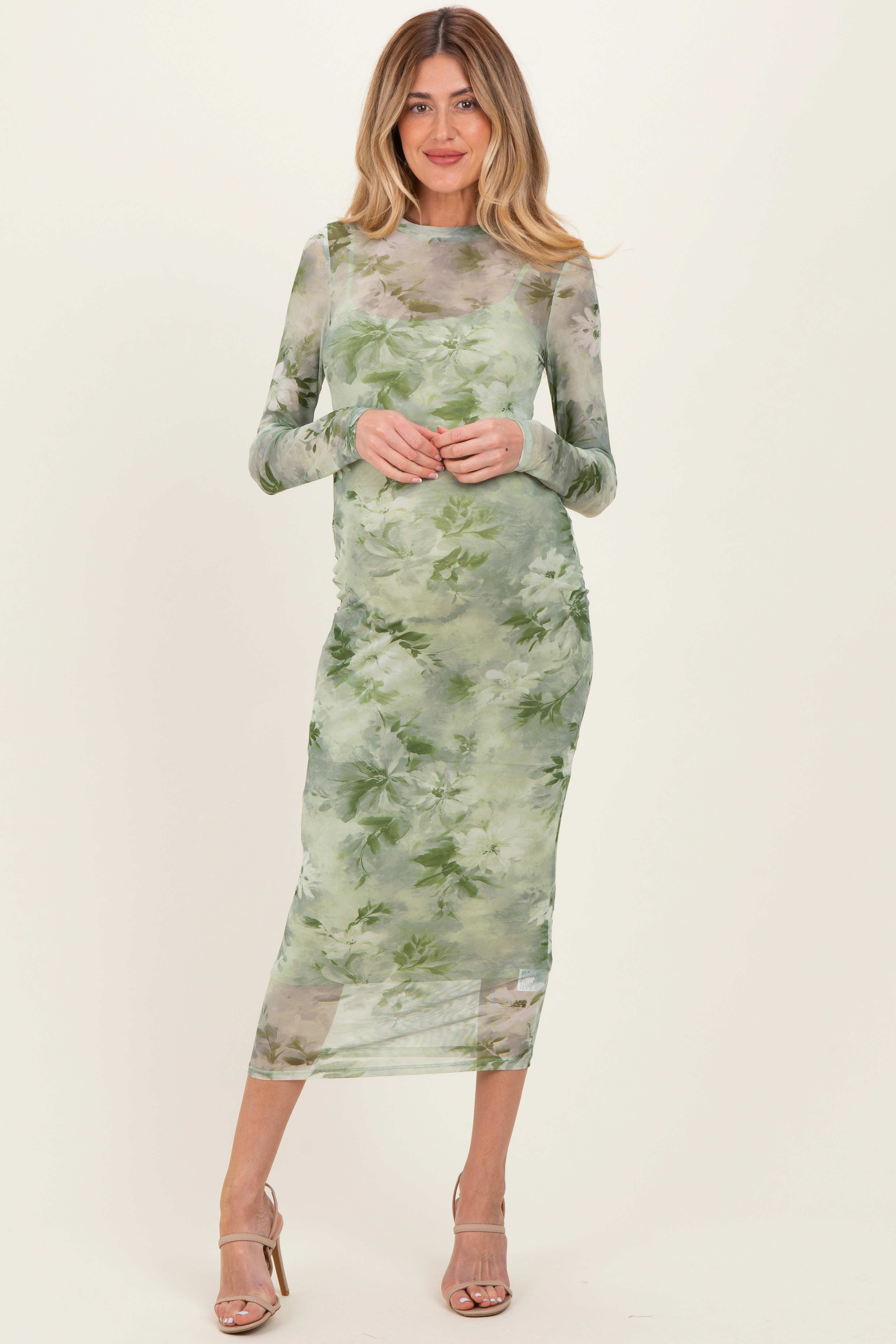 PinkBlush Womens Light Olive Floral Mesh Overlay Maternity Maxi Dress