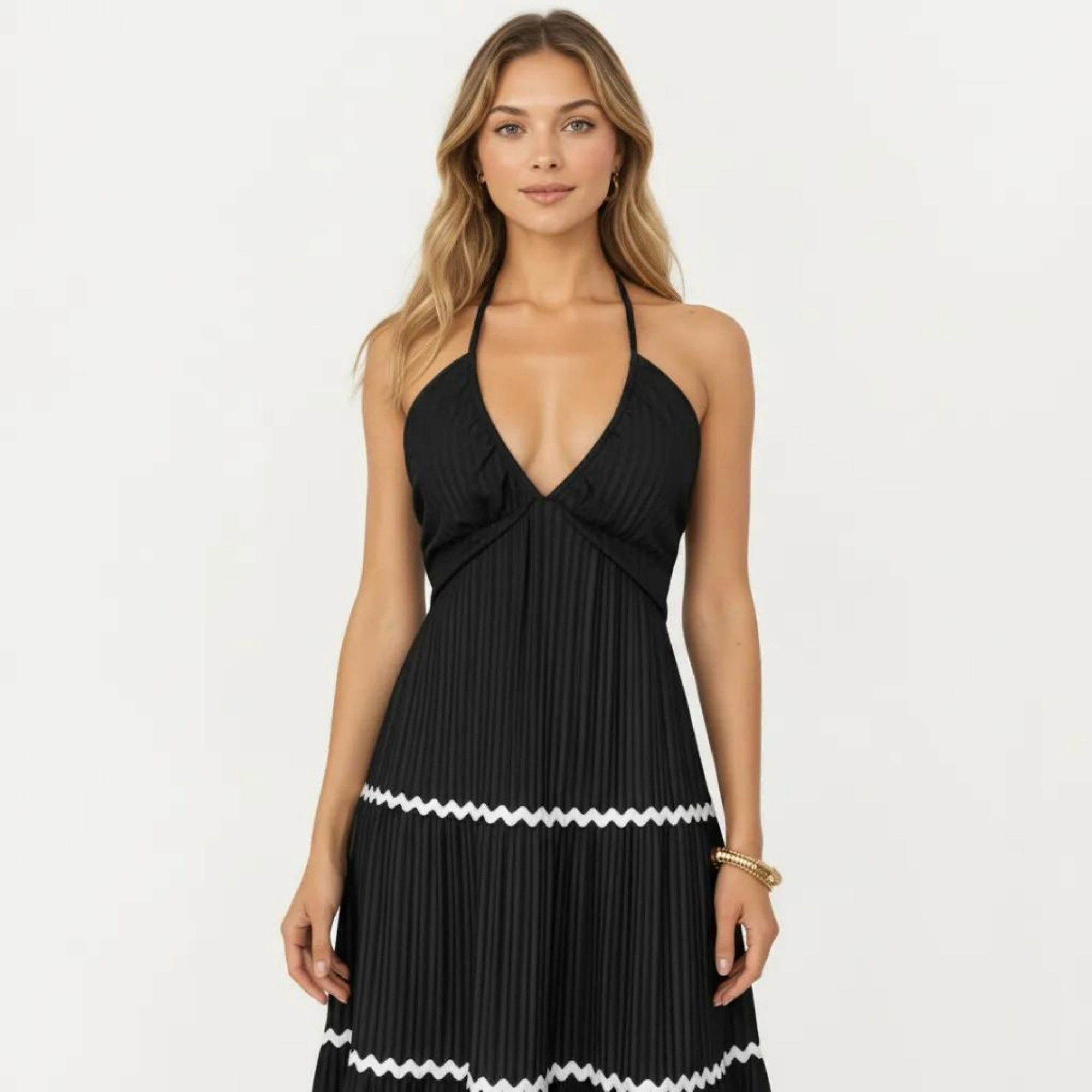 Anna-Kaci Womens Sleeveless Halter Neck Pleated Maxi Dress with Tiered Skirt