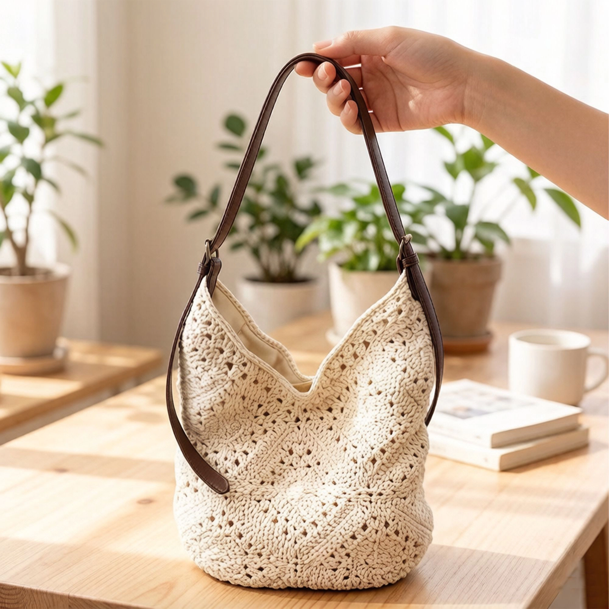 Alilang Women's Crochet Shoulder Hobo Bag with Adjustable Strap Soft Knit Slouchy Handbag Casual Everyday Tote
