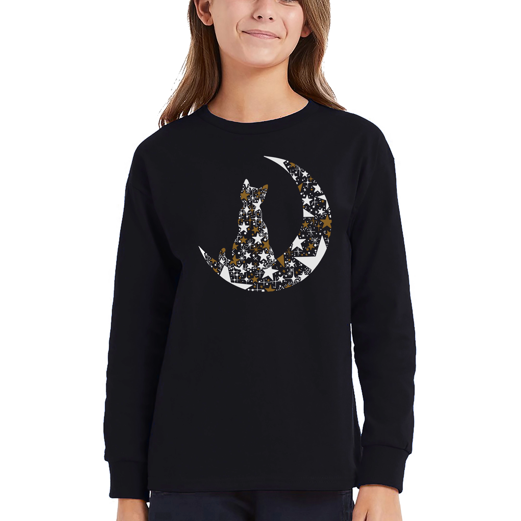 LA Pop Art Girls Long Sleeve Word T-Shirt - Cat Sitting On Moon