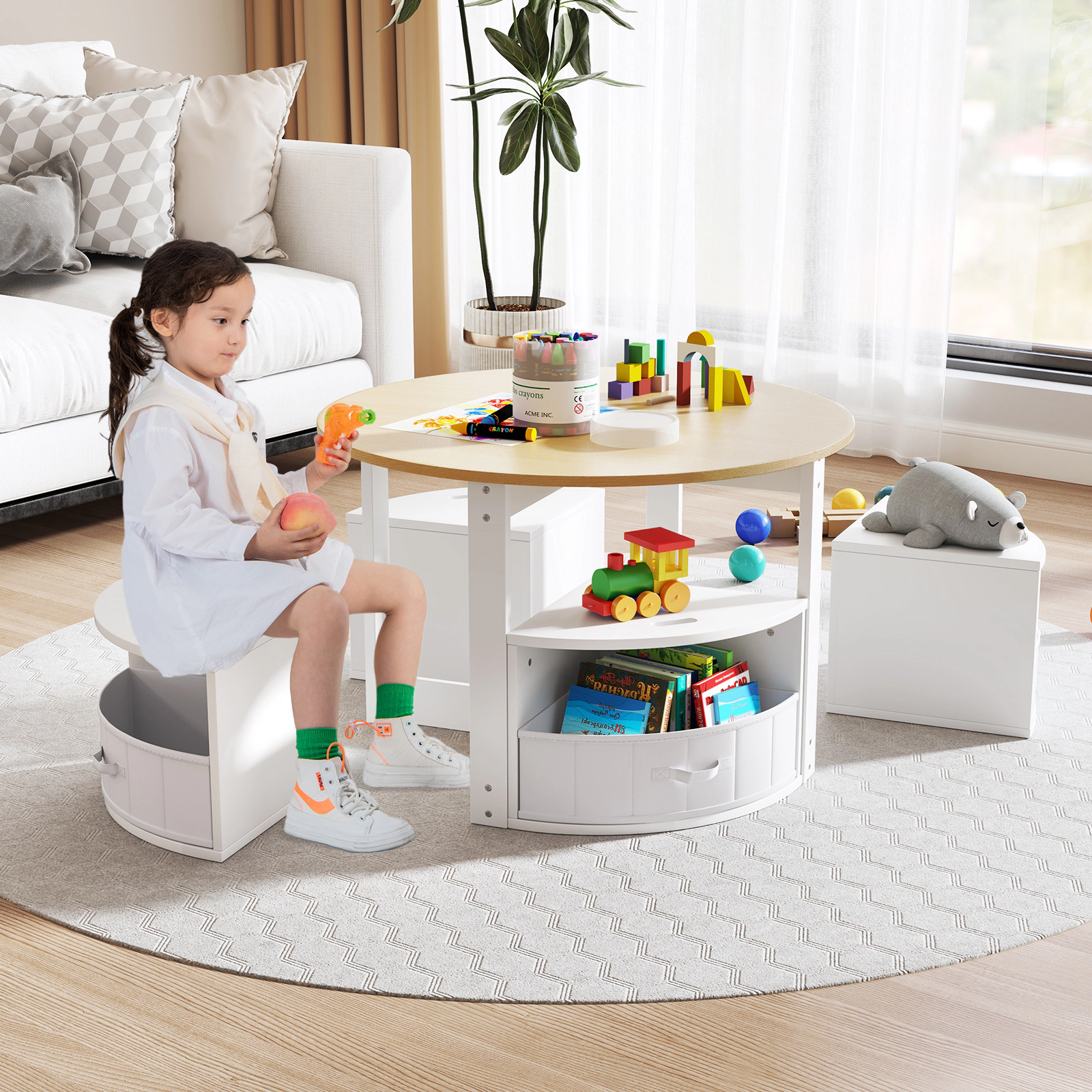 SUGIFT 5-Piece Toddler Round Nesting Activity Table Set with 4 Storage Stools 110-lb Tabletop 3+ Years Natural + White