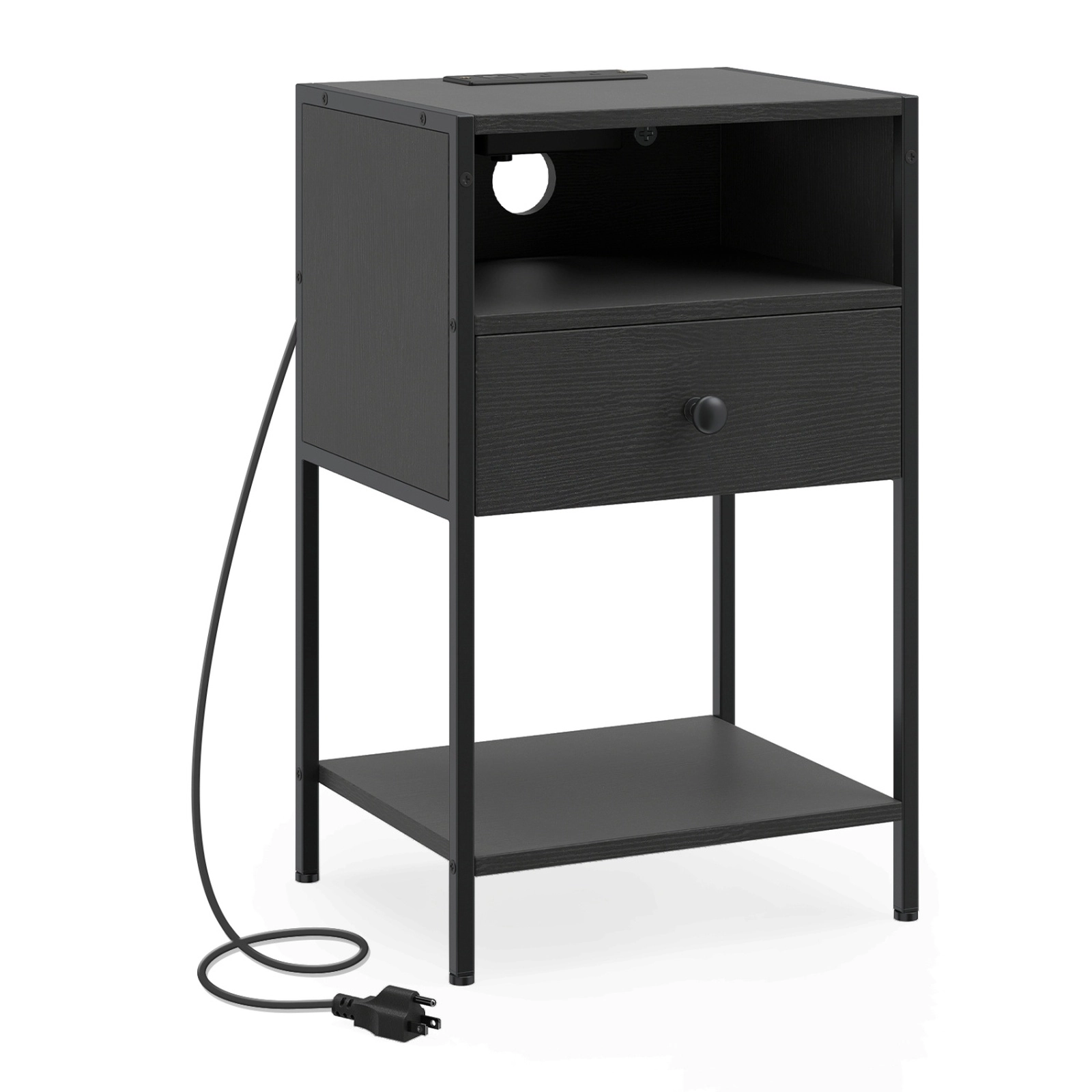 SUGIFT Integrated Charging Station Nightstand Bedside Table 66-lb Top Capacity Engineered Wood and Carbon Steel Black
