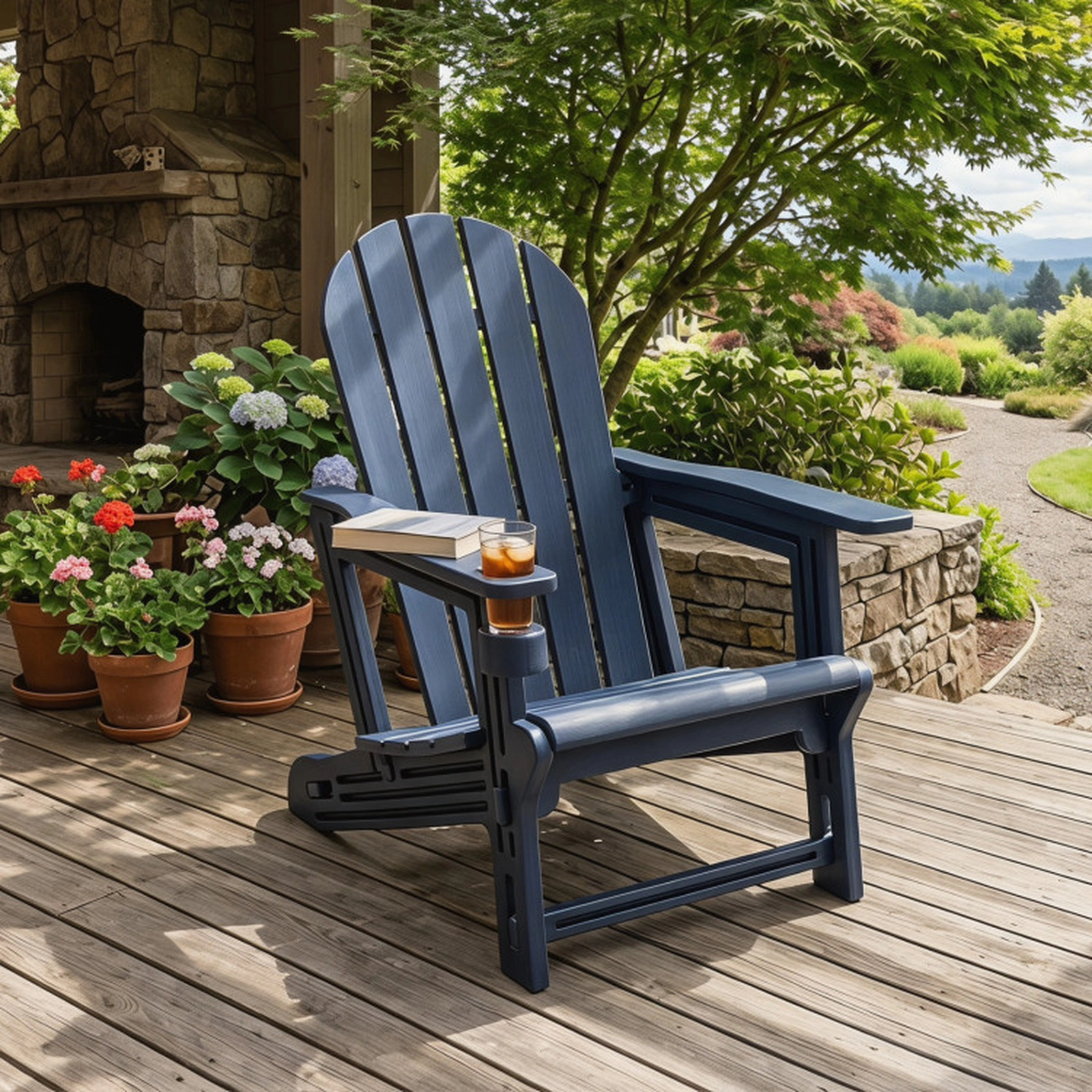 SUGIFT Adirondack Chair with Cup Holder and Wooden Texture 330-Lb Capacity Navy Blue/Black/Gray