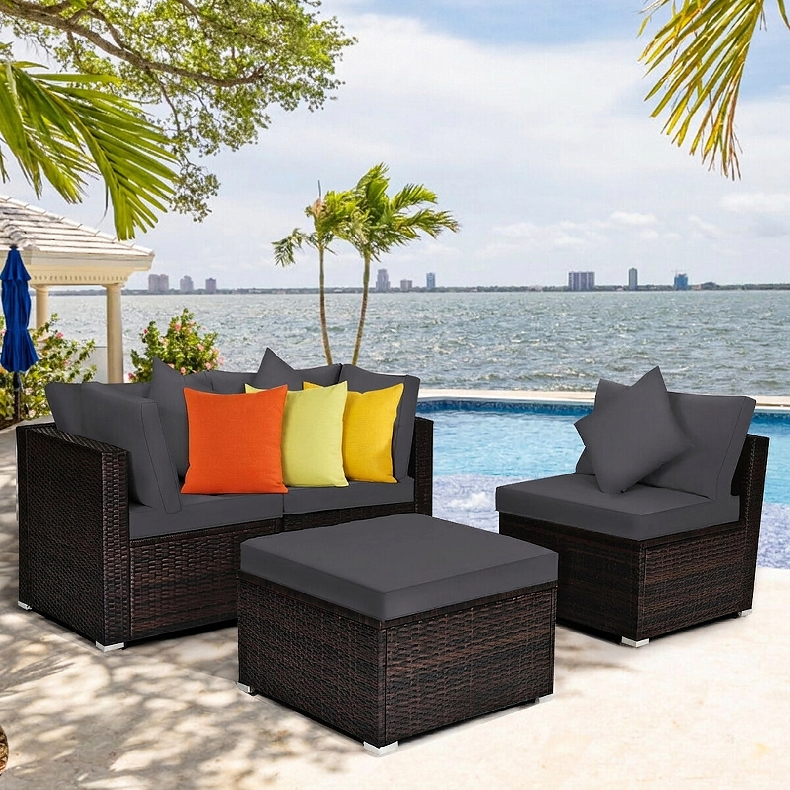 SUGIFT 4 Piece Patio Rattan Wicker Furniture Set Gray with Ottoman and Cushions