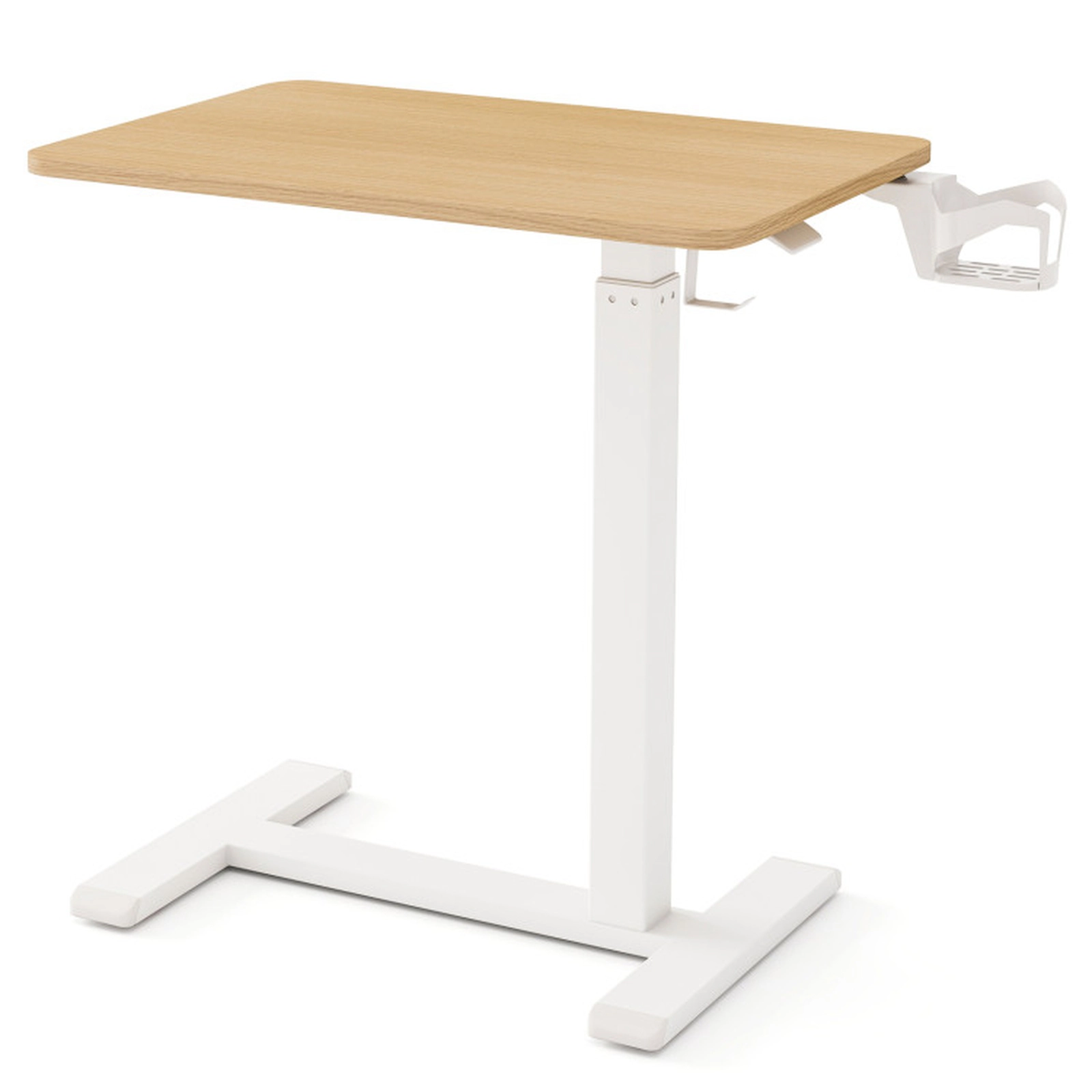 SUGIFT Natural Height-Adjustable Overbed Table with Wheels, Cup Holder and Standing Desk