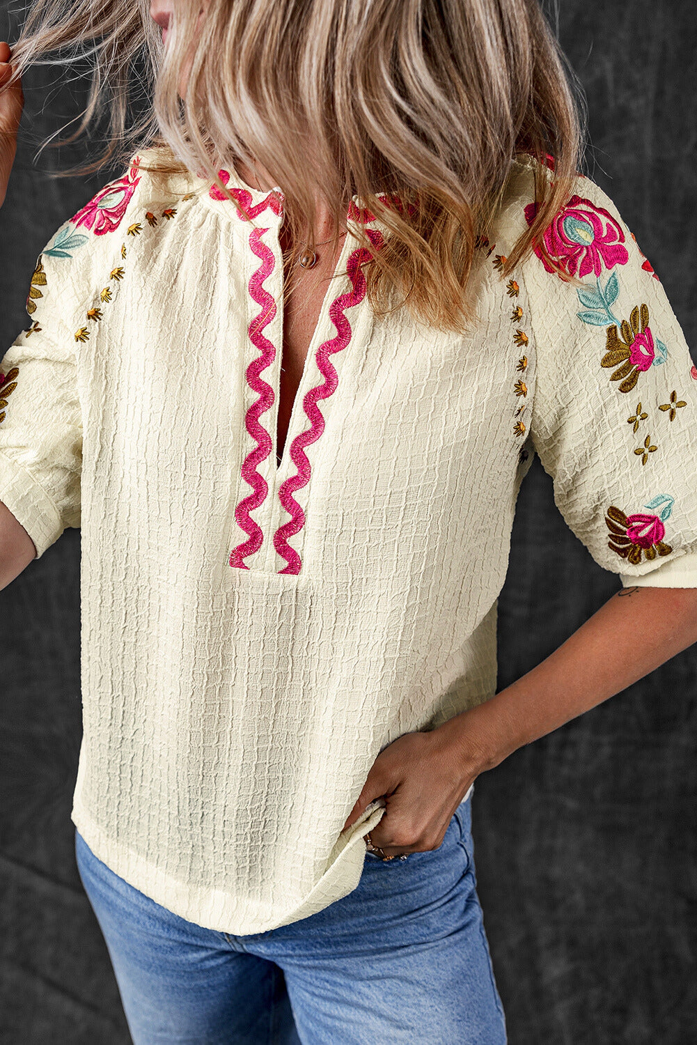 Threaded Pear Women's August Floral Embroidered Puff Sleeve Blouse