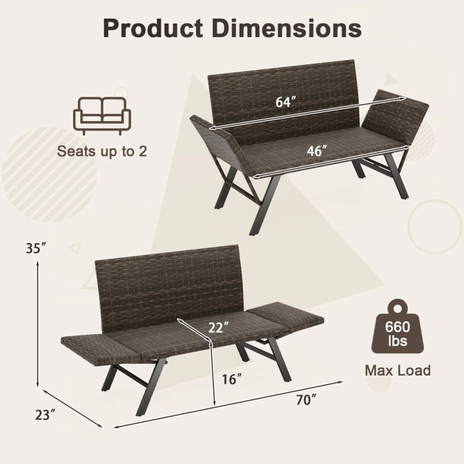 SUGIFT 660 lb 2-Seat Convertible Outdoor Loveseat Daybed, PE Rattan, Quick-Dry Foam