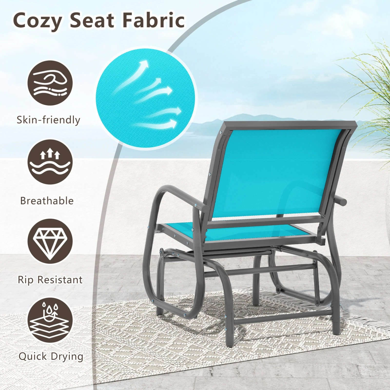 SUGIFT Turquoise Steel Outdoor Swing Glider Rocking Chair with Armrests