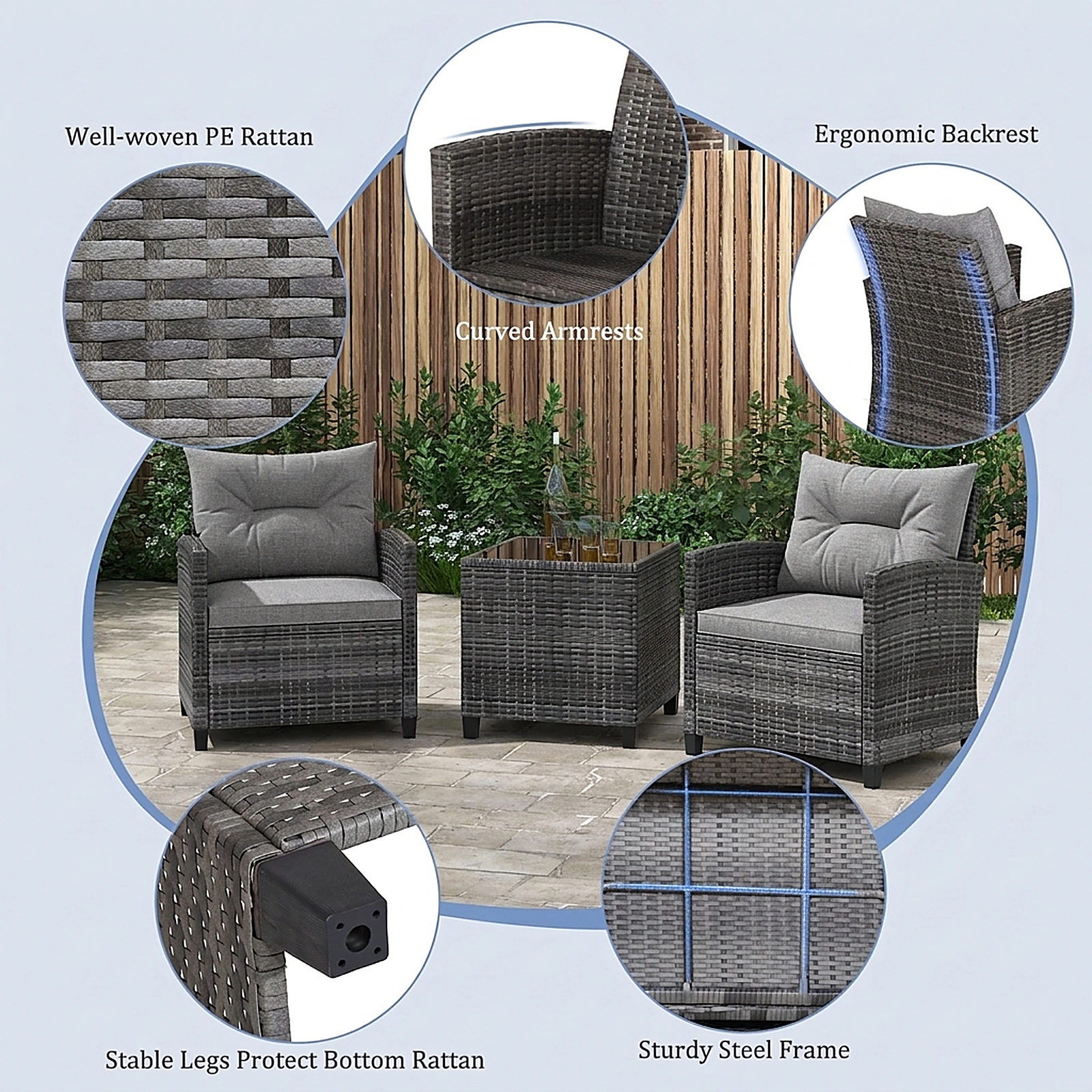 SUGIFT 3-Piece Gray Outdoor Wicker Bistro Set with Steel Frames and Glass Table