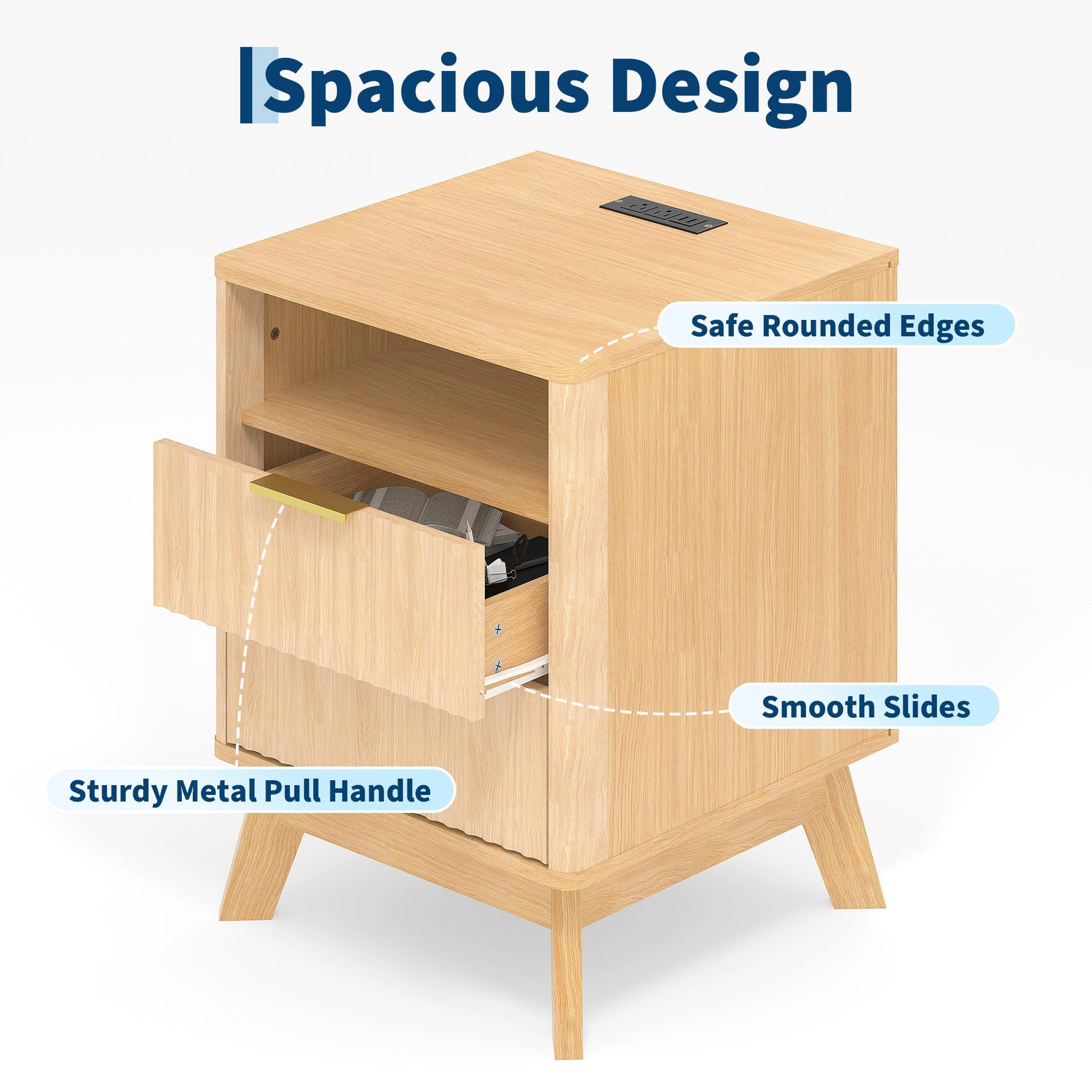 BebreezChic Fluted Nightstand with Charging Station, 2-Drawer Bedside Table with Open Shelf, 2 AC Outlets