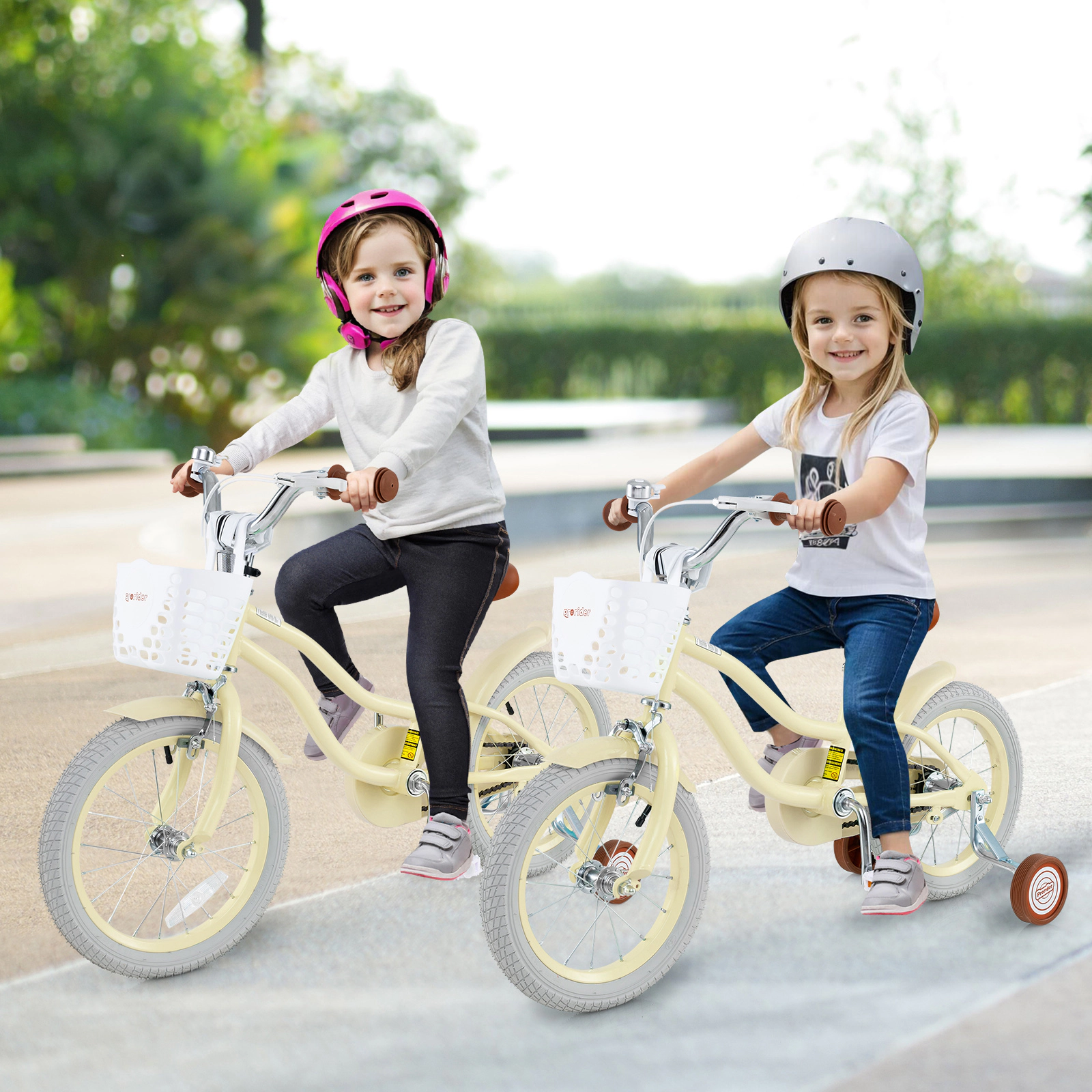 14-in Kids Bike Removable Storage Basket Training Wheels Adjustable Handlebar and Seat Pneumatic Tires Ages 3-5 Beige