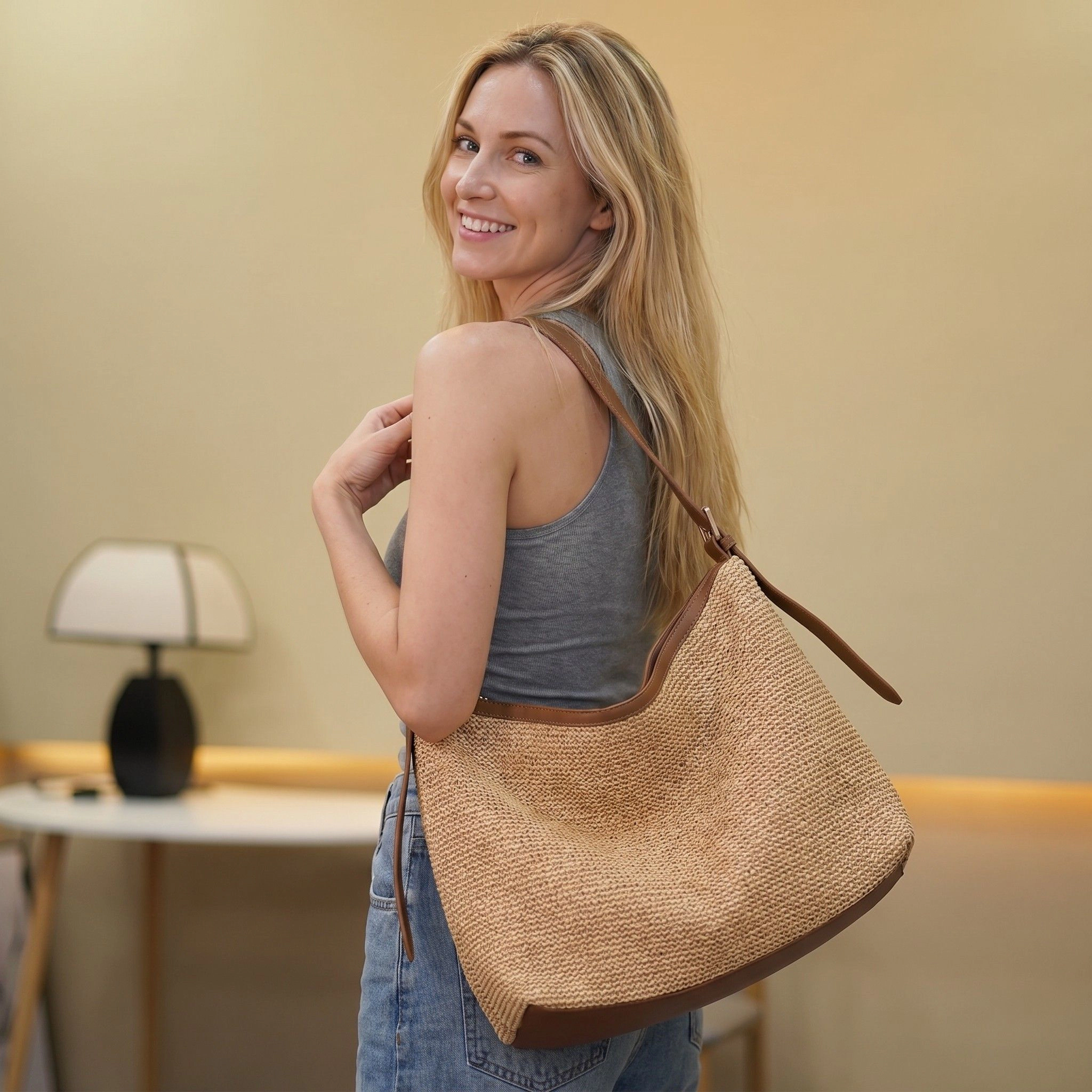 Alilang Women's Woven Slouchy Shoulder Tote Bag Soft Oversized Textured Everyday Carryall Handbag