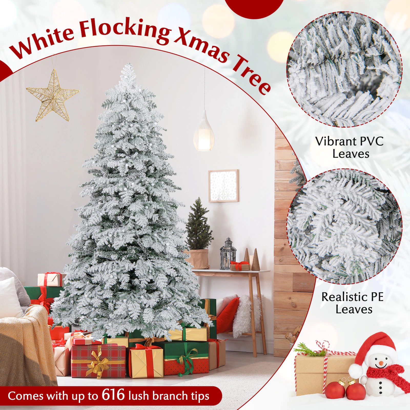 SUGIFT 6 ft Snow Flocked Pre-Lit Christmas Tree with 130 Twinkle Balls and 260 LED Lights