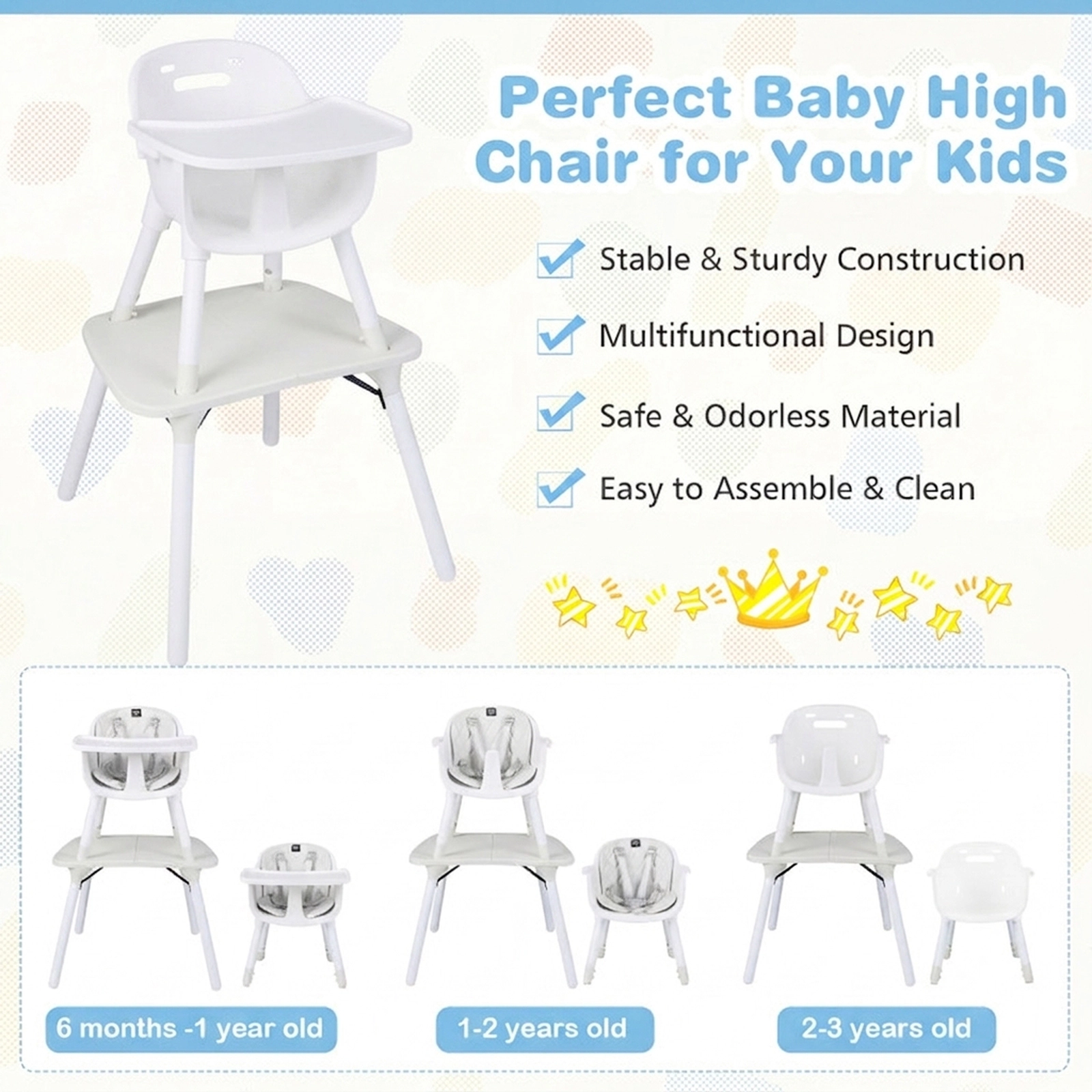 SUGIFT 4-in-1 Convertible Baby High Chair and Toddler Table Chair Set 33-lb Capacity Ages 6-36 Months Cream