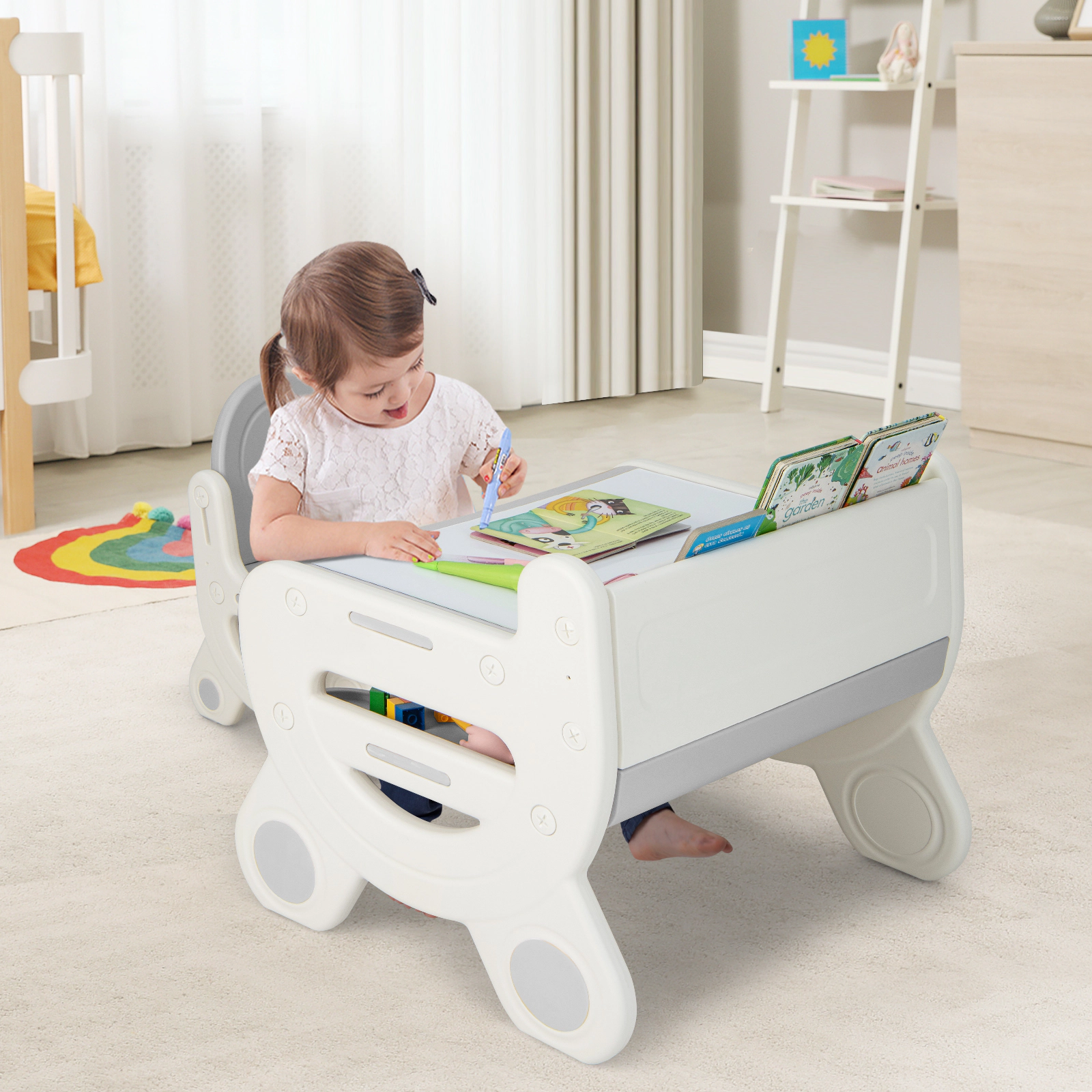 SUGIFT Kids Drawing Table and Chair Set, Erasable Top, Pens, Gray