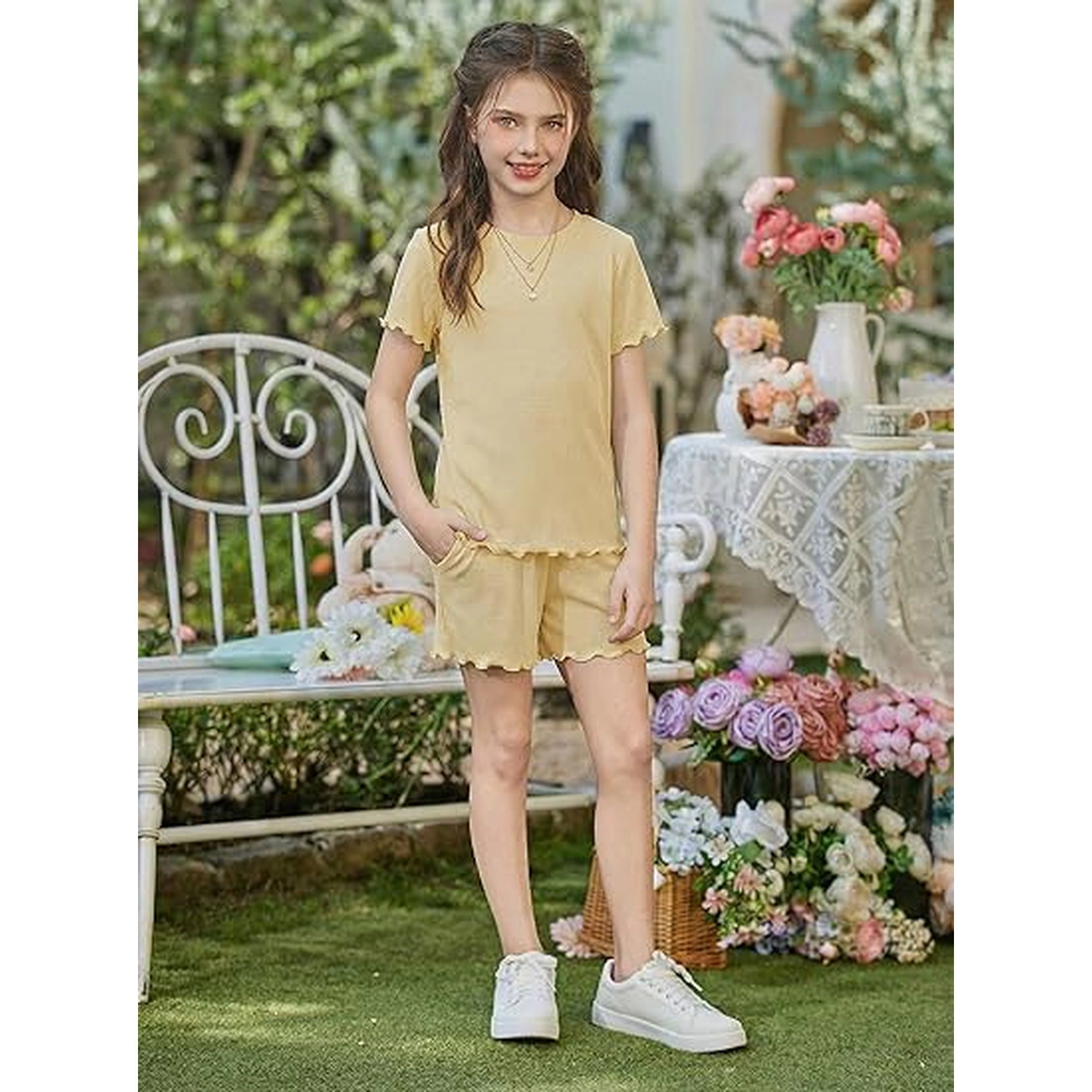 Arshiner Girls Shorts Set Ribbed Knit Summer Outfit Short Sleeve Top Elastic Waist