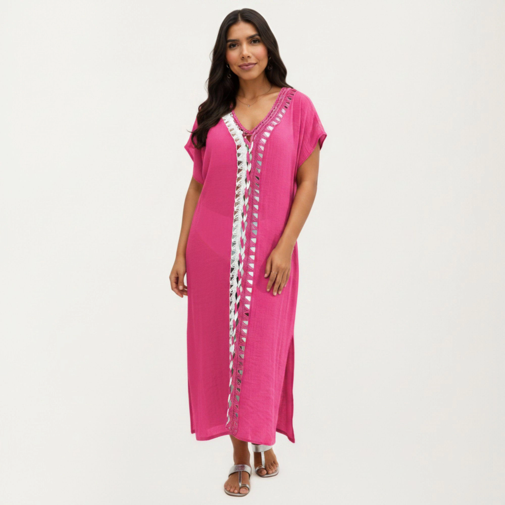 Anna-Kaci Women's Maxi Swim Cover Up Dress with Crochet Trim V Neck Short Sleeves Relaxed Lightweight Fit
