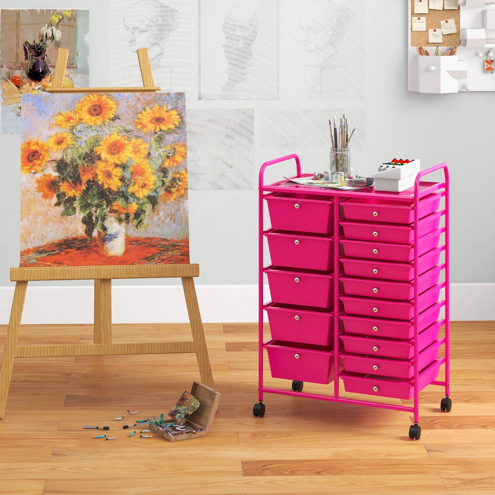 SUGIFT 15-Drawer Rolling Utility Organizer Cart with Removable Plastic Drawers 22-lb Top Capacity Pink