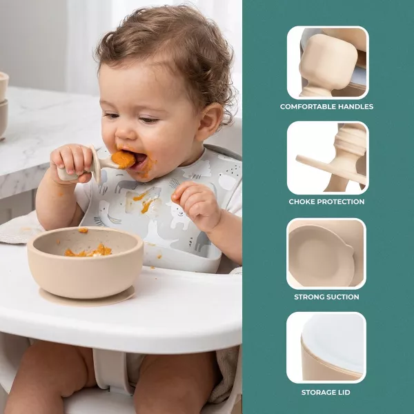Sperric Silicone Baby Feeding Set, Suction Bowls w/ Lids, 4‑Pack Weaning Spoons & Fruit Feeders, Freezer Dishwasher Safe