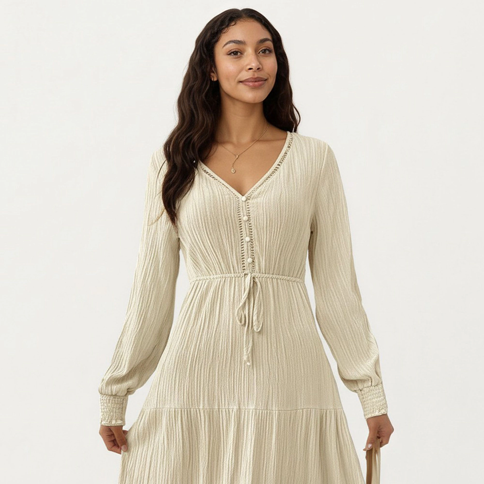 Anna-Kaci Women's Pleated V Neck Long Sleeve Waist Tie Dress