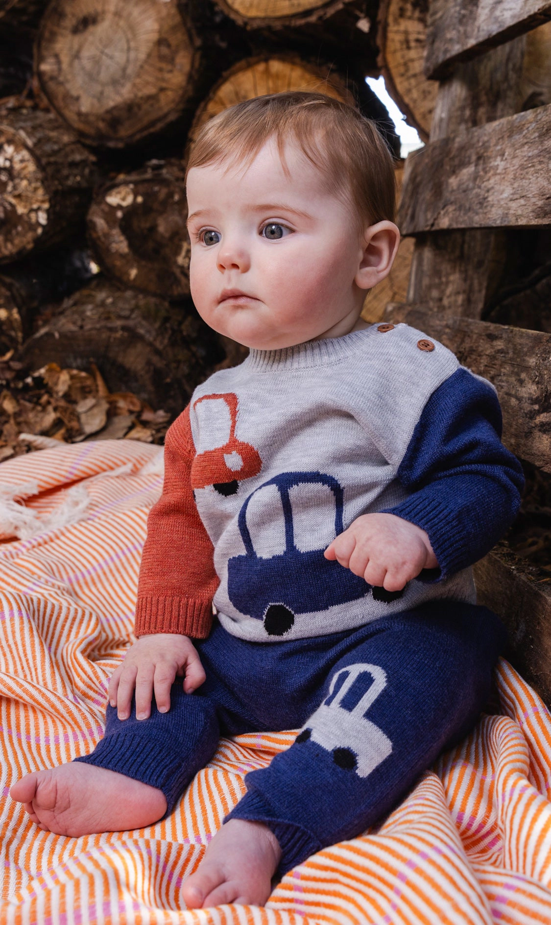 Deux par Boys Knitted Car Intarsia Raglan Sleeve Top and Pants Set