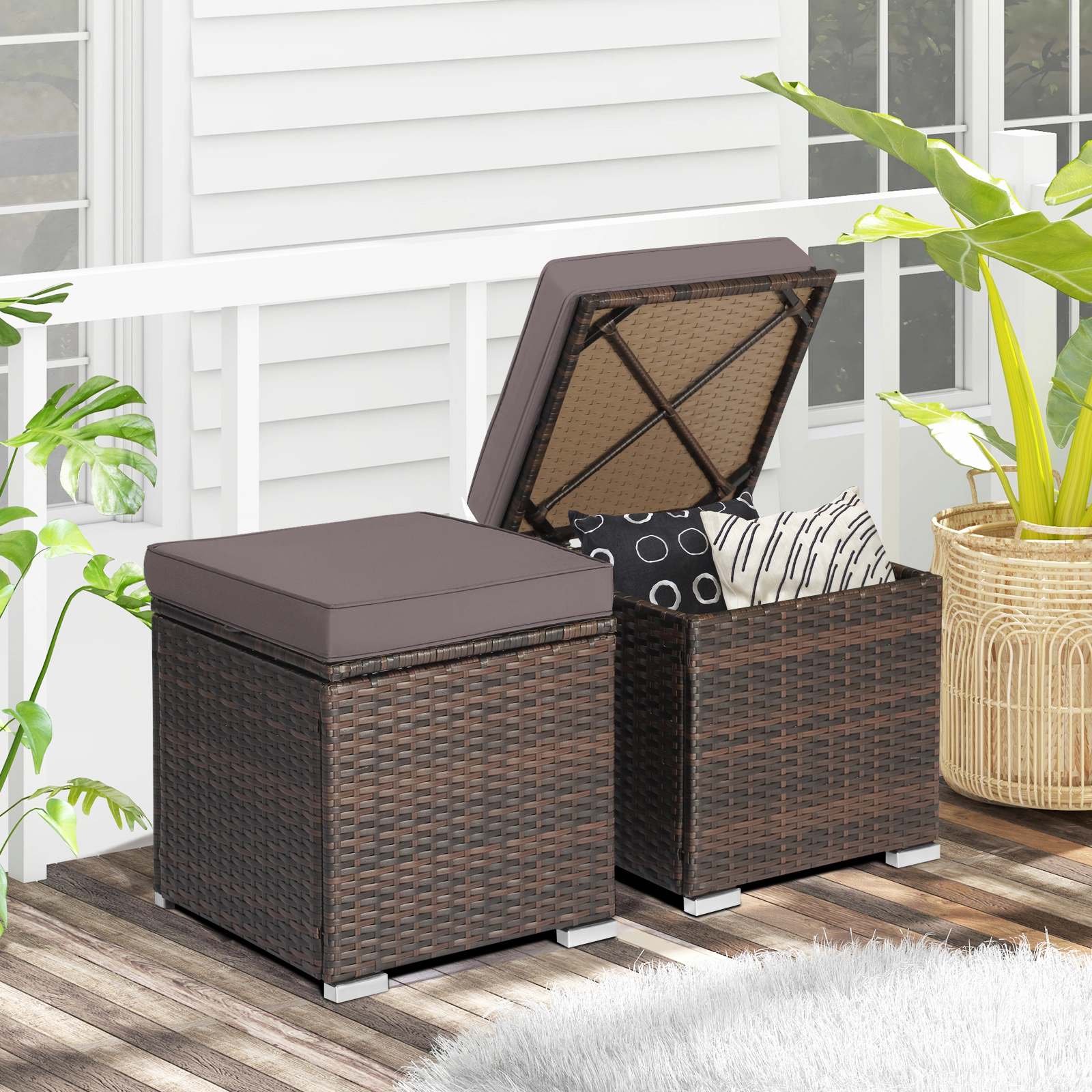 SUGIFT Set of 2 Brown 16-Inch Outdoor Wicker Storage Ottomans with Removable Cushions