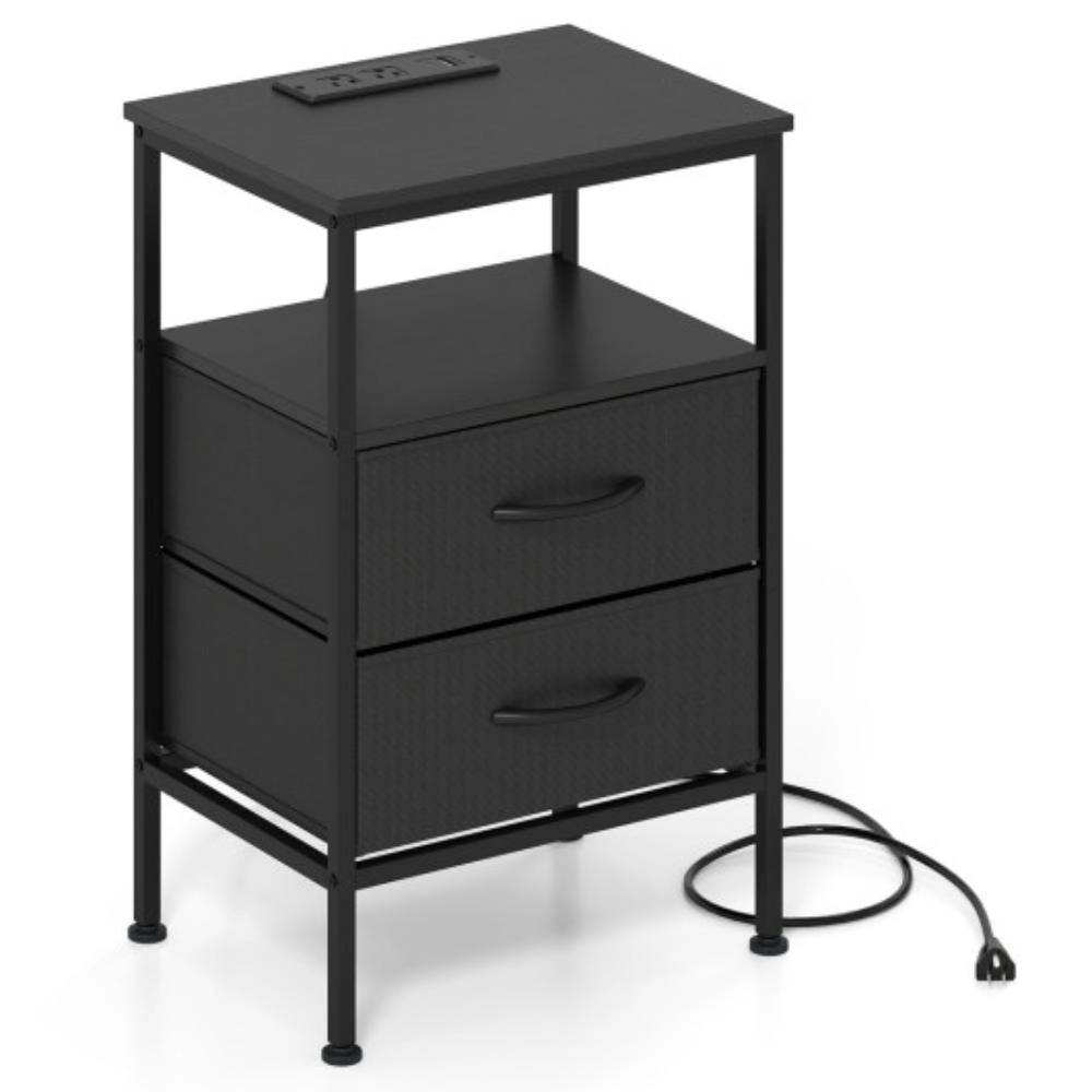 Hivvago Nightstand with Charging Station 24.5 inch Modern Bedside Table 2 Fabric Drawers