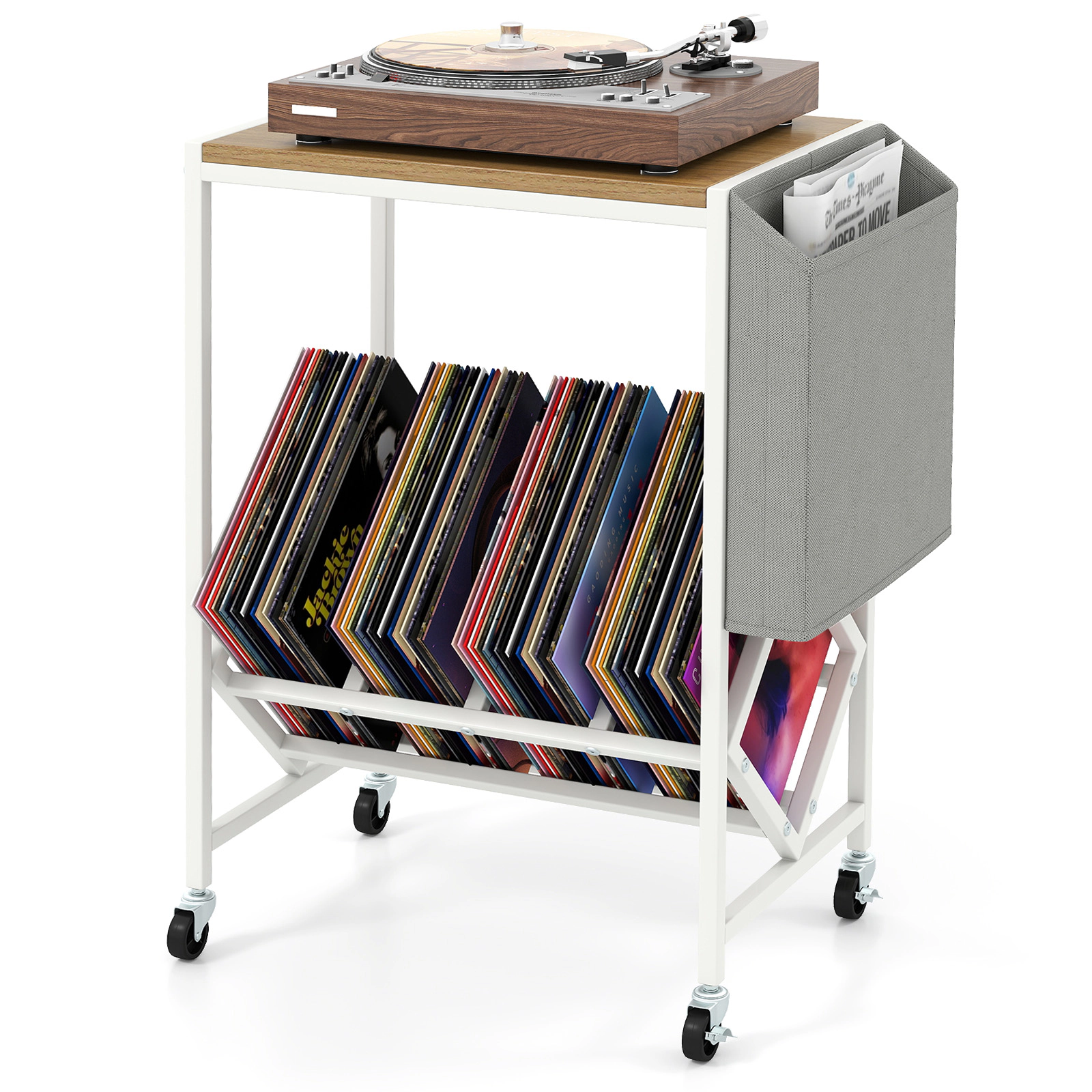 SUGIFT Rolling 2-Tier Record Player Stand with Vinyl Storage and Magazine Holder 55-lb Tabletop Capacity Natural & White