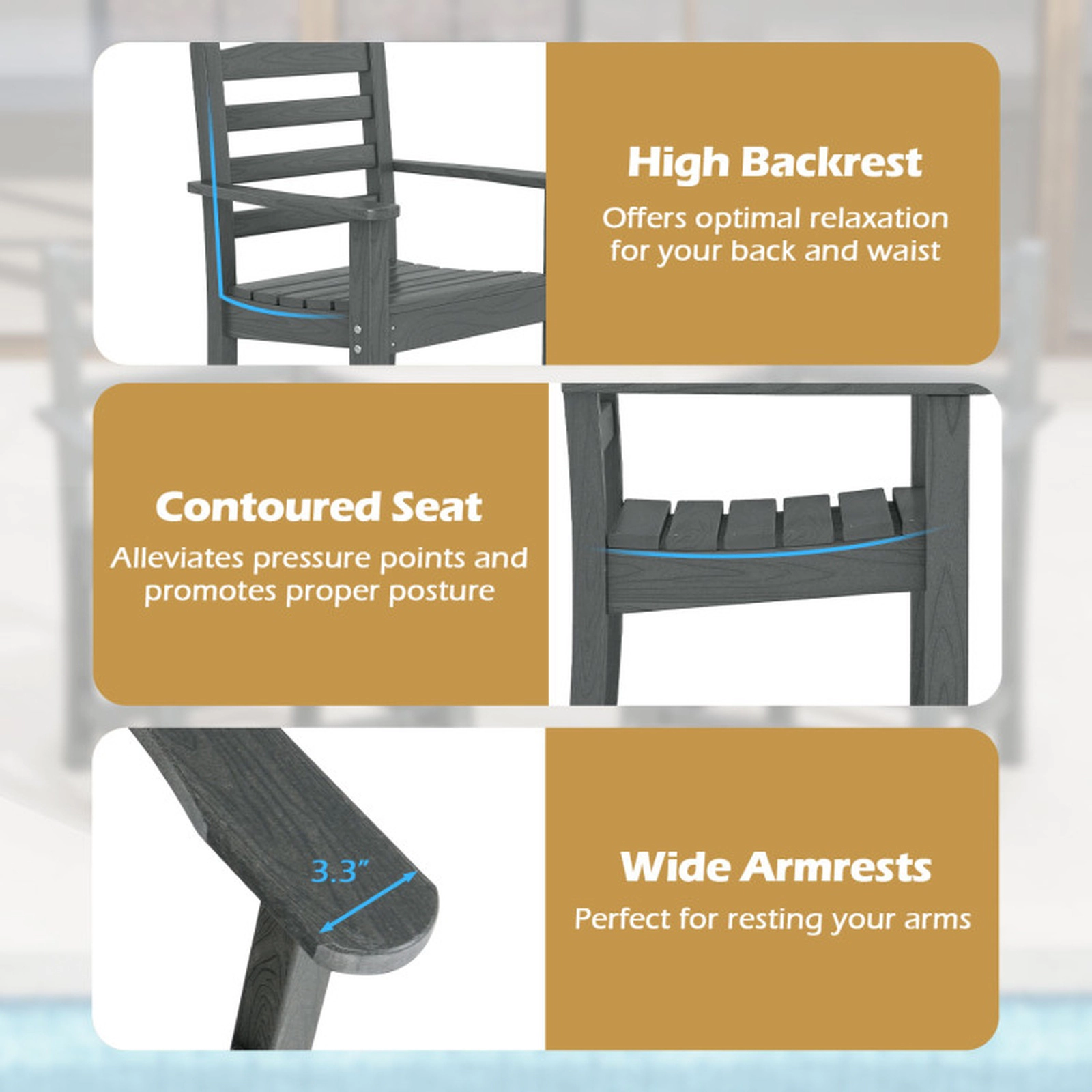 SUGIFT Set of 2 Gray HDPE Adirondack Patio Dining Chairs with Wide Arms