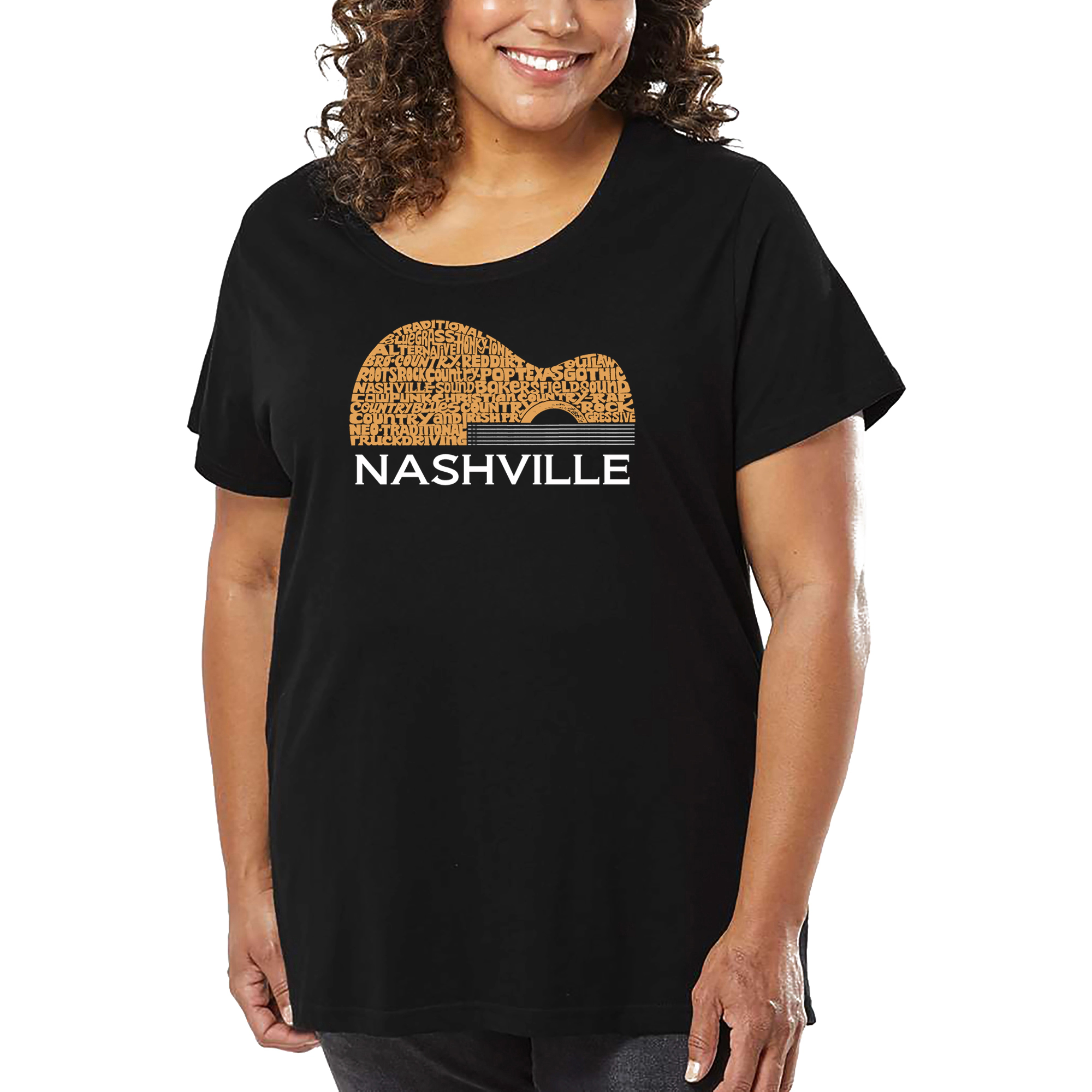 LA Pop Art Women's Plus Word T-Shirt - Nashville Guitar