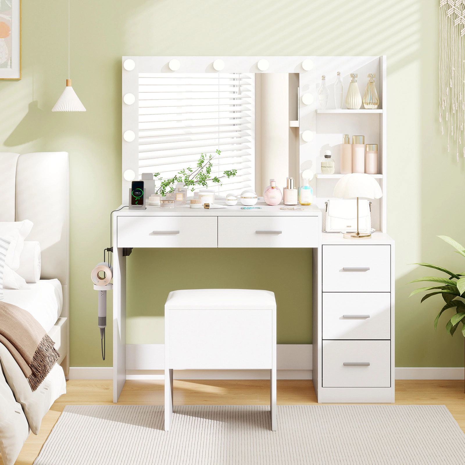 LJG Makeup Table and Stool Set with Hair Dryer Stand