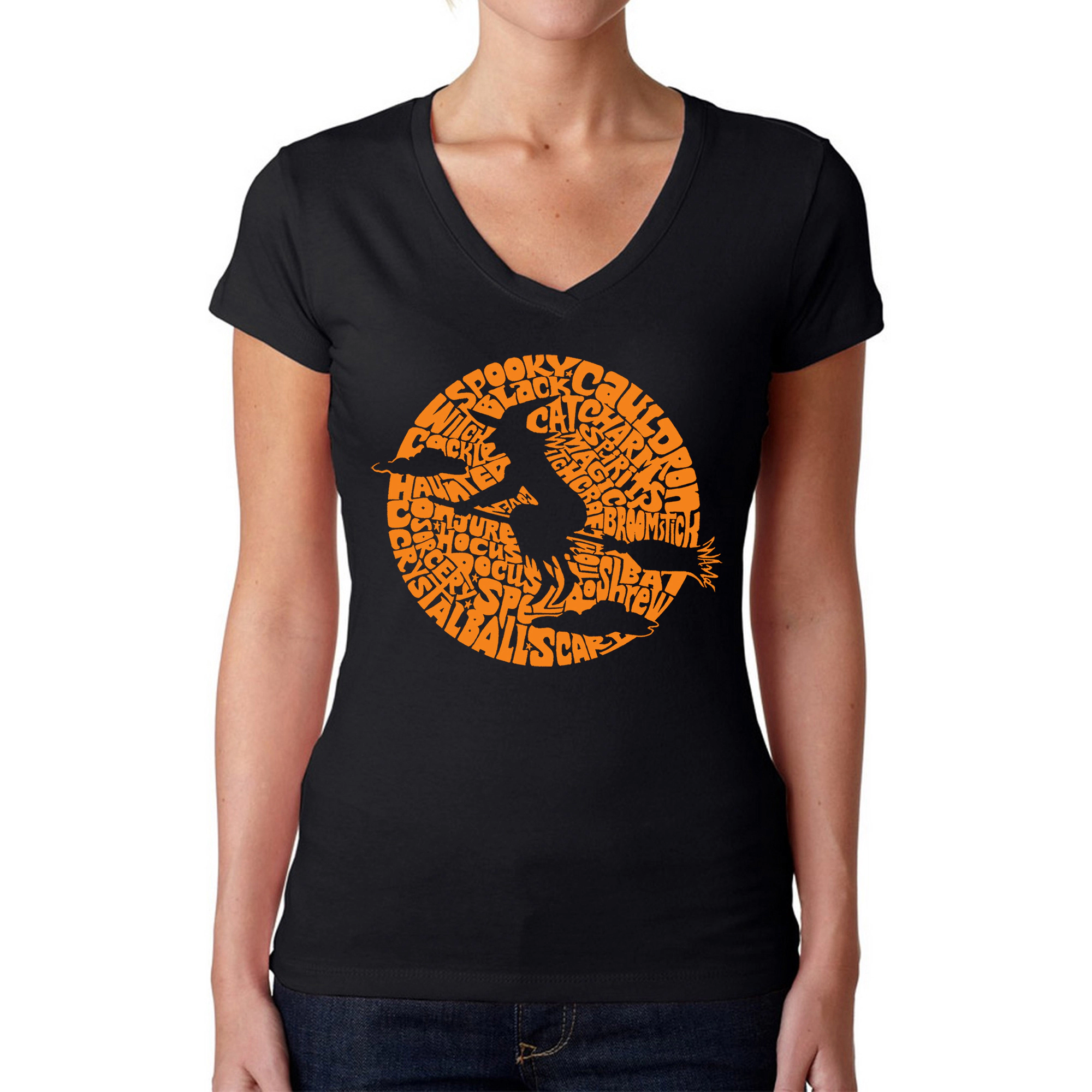 LA Pop Art Womens Word V-Neck T-Shirt - Spooky Witch