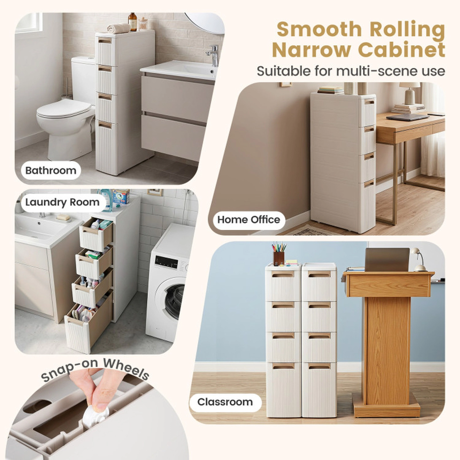 SUGIFT 4 Drawers Removable Dividers Rolling Narrow Storage Cabinet 18-in x 7-in x 37.5-in 11-lb per Drawer Off White