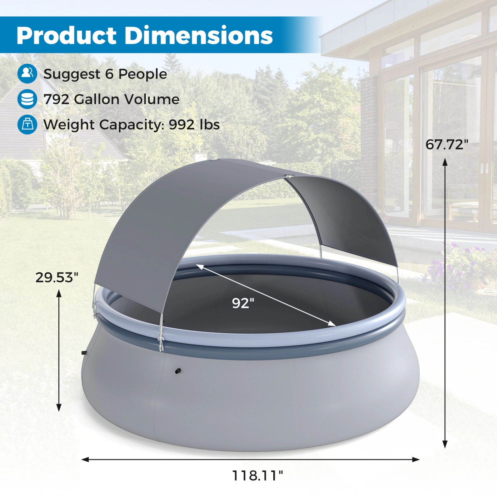 SUGIFT Outdoor Inflatable Pool with Sunshade Canopy M Size 118-in Wide 992-lb Capacity 6-Person Blue + Gray