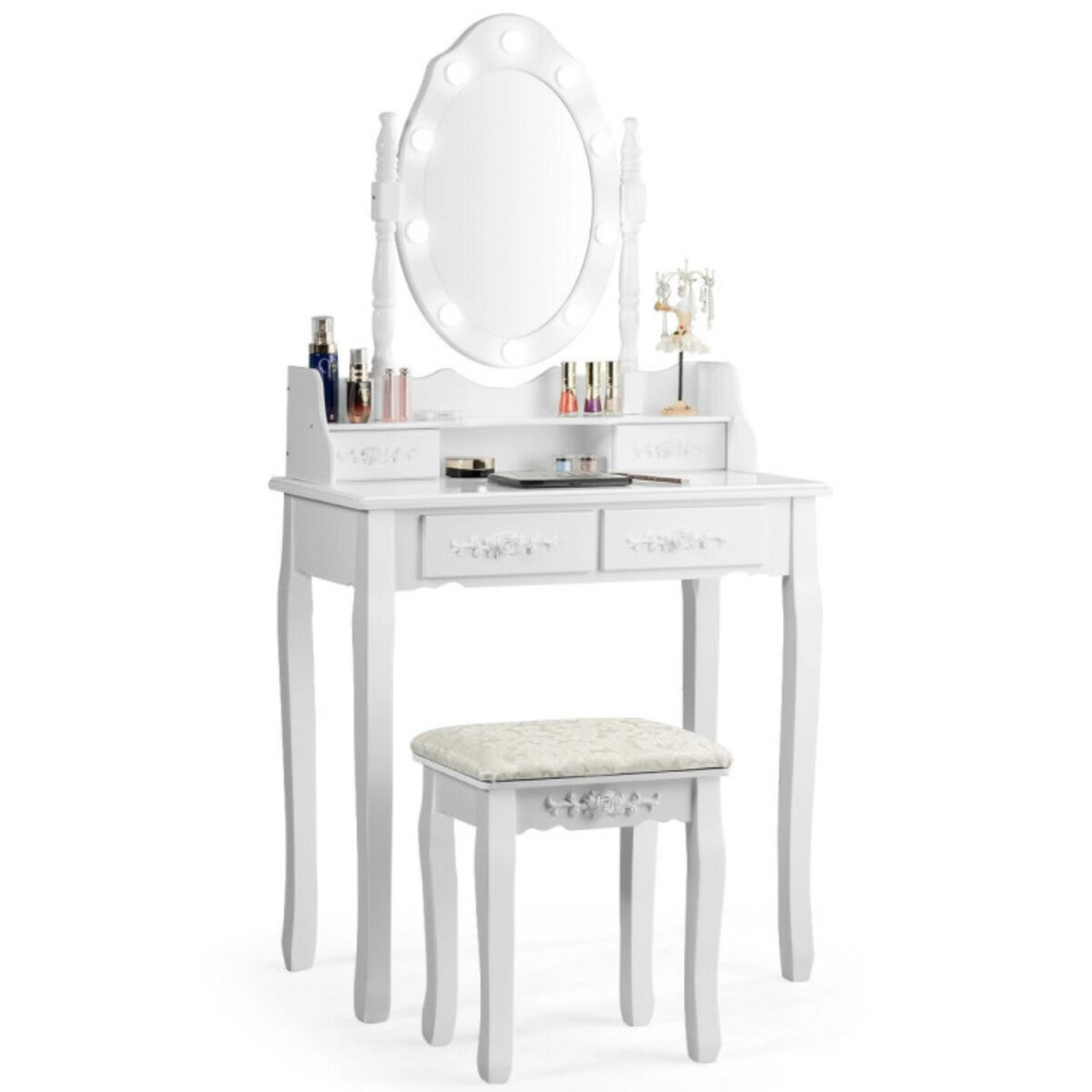 Hivvago Makeup Vanity Dressing Table Set With Dimmable Bulbs Cushioned Stool