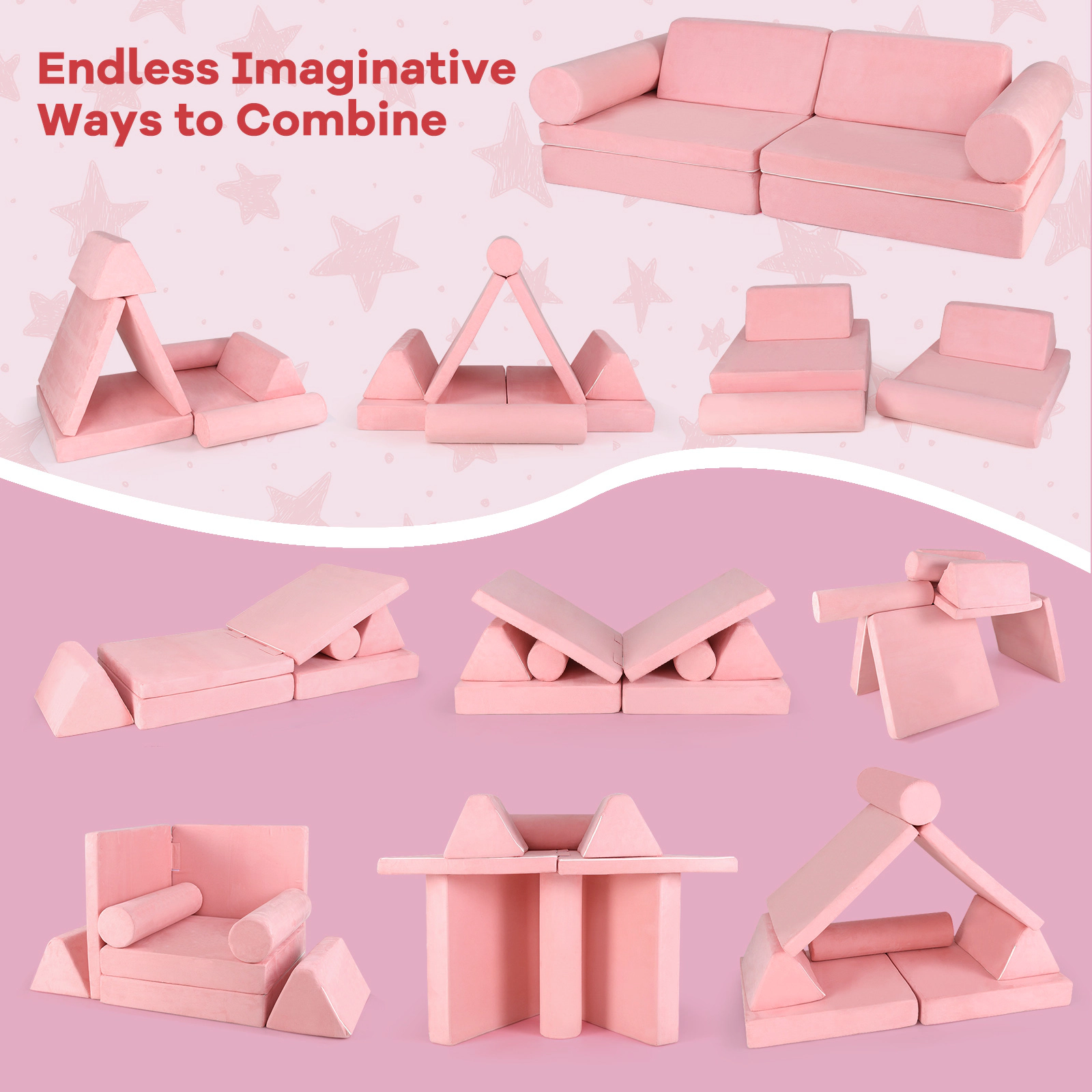 SUGIFT 8-Piece Modular Kids Foam Play Couch Building Fort Play Set with Suede Cover Pink