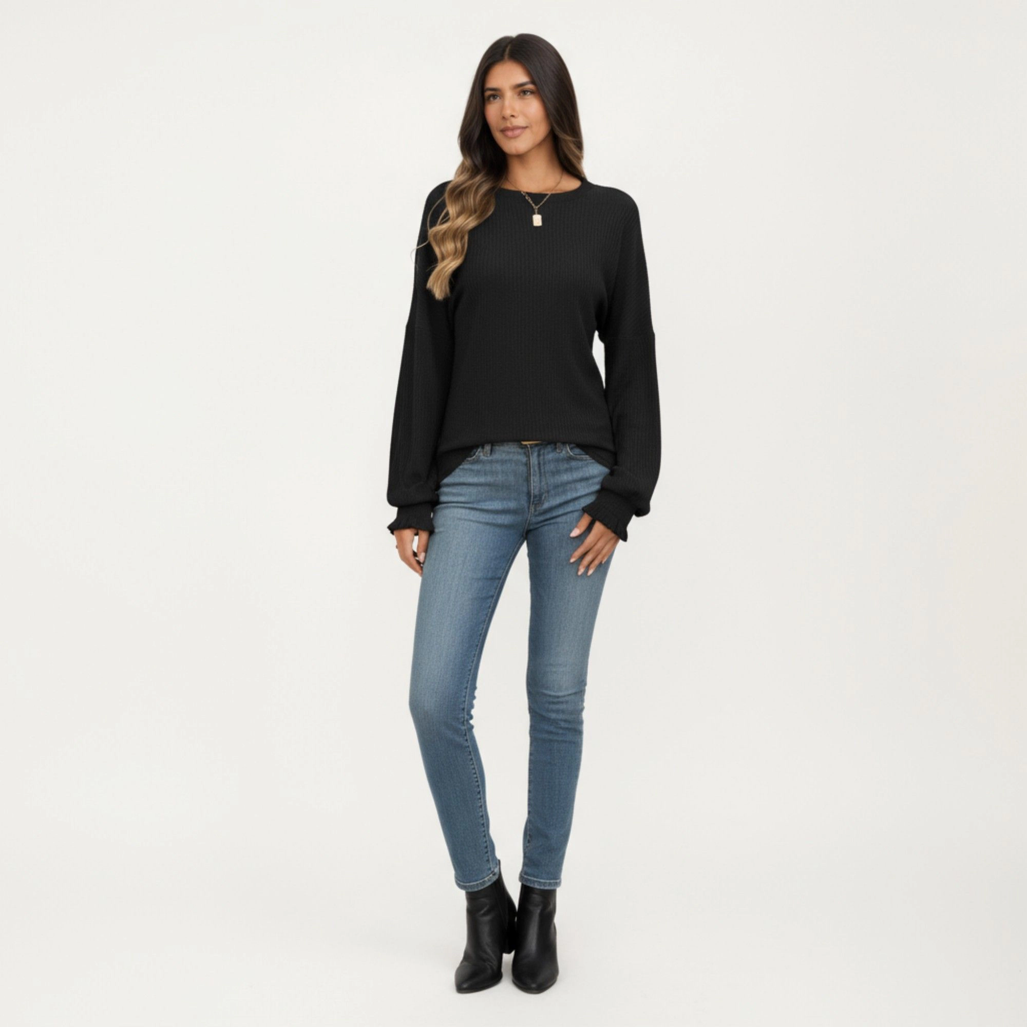 Anna-Kaci Women's Ribbed Ruffle Cuff Long Sleeve Knit Top