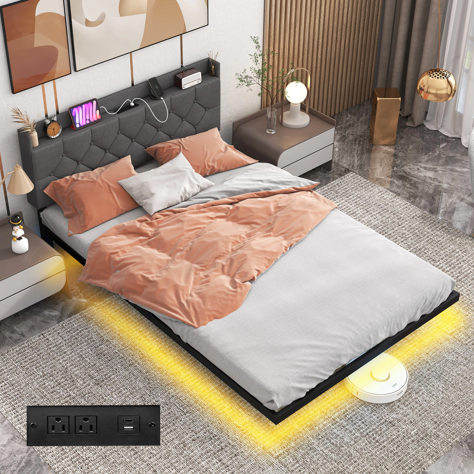 SUGIFT Full Size Floating Platform Bed with Smart LED Lights, Storage Headboard and Charging Station
