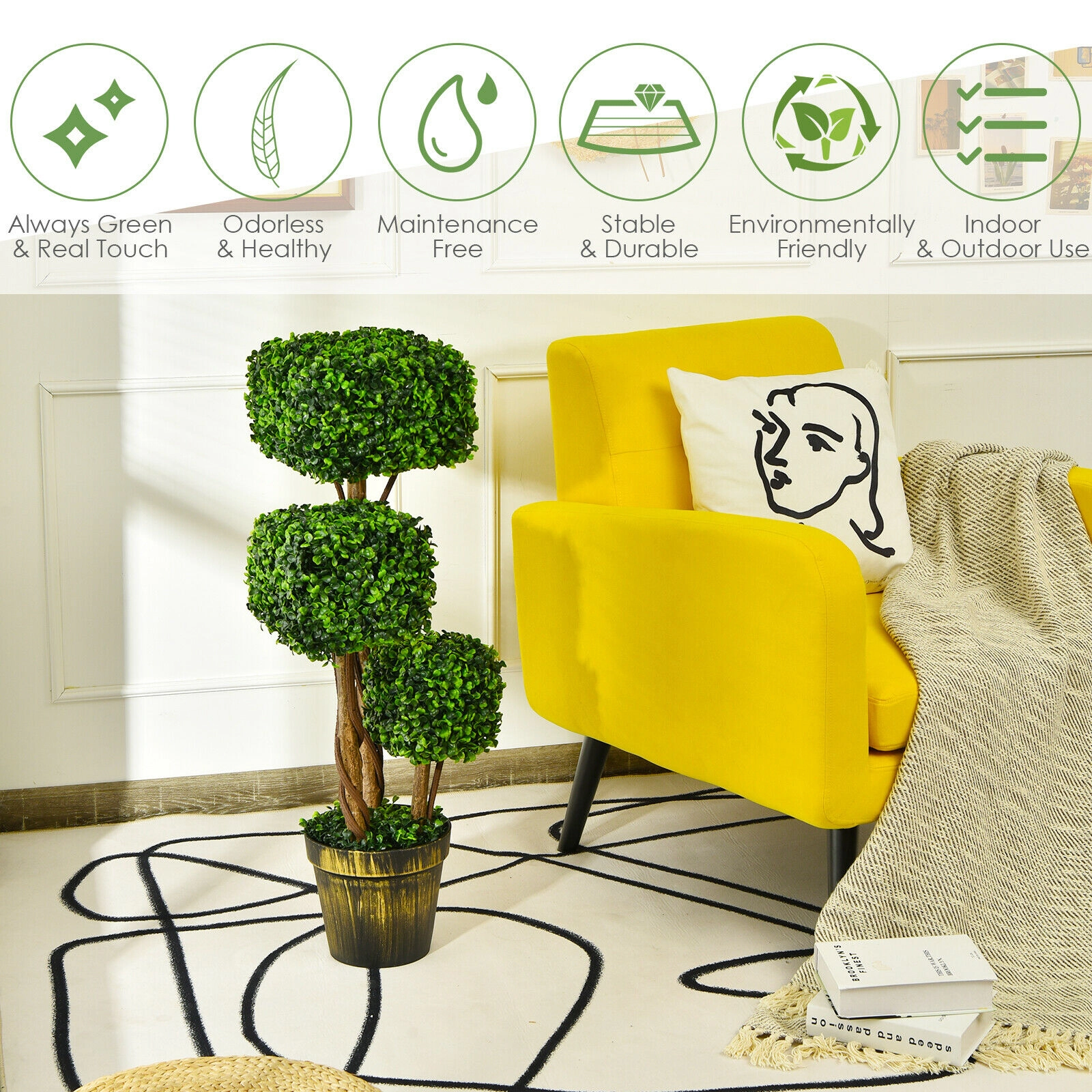 SUGIFT 36-in Artificial Boxwood Topiary Tree with 3 Square Balls Bark-Wrapped Trunks and Golden Planter